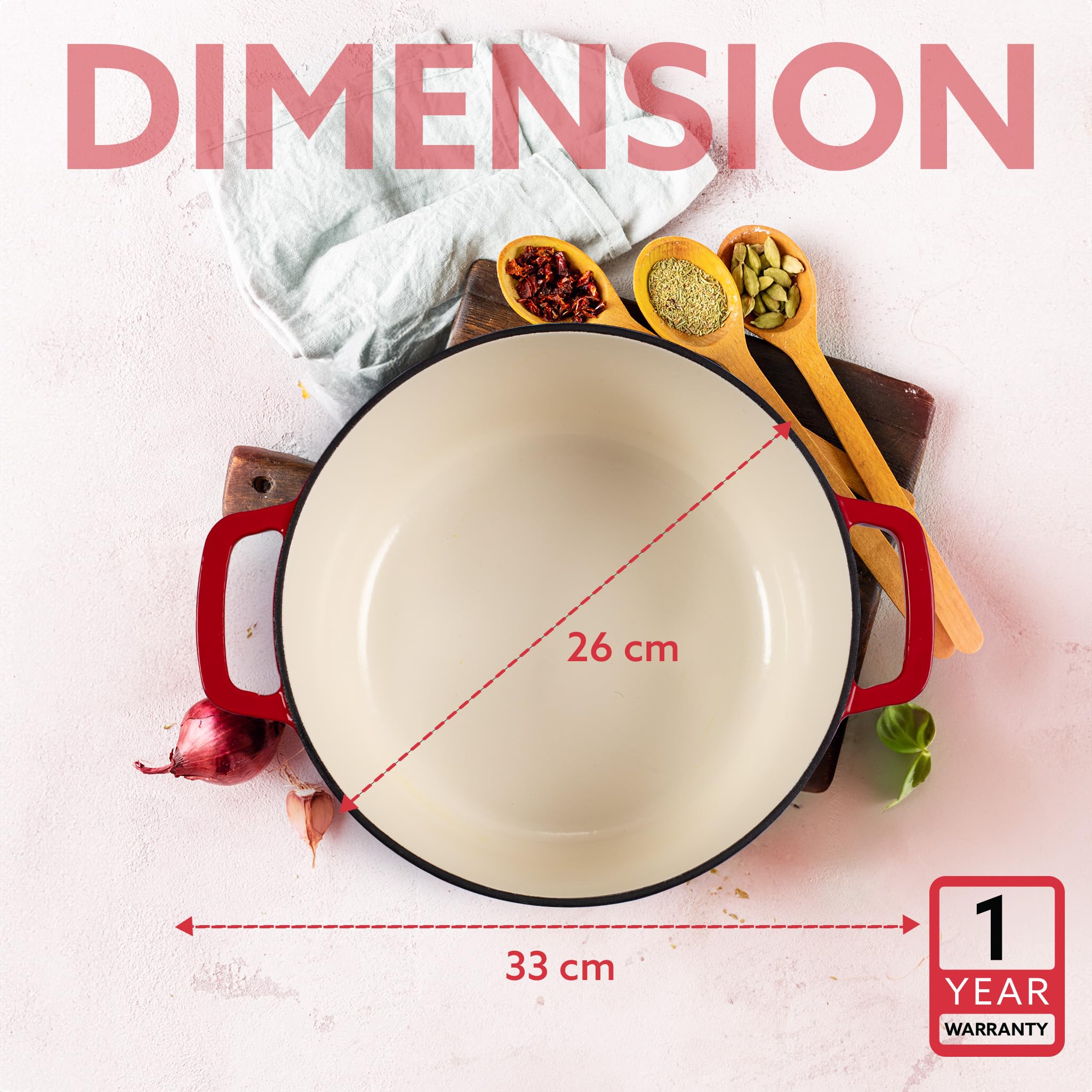 AGARO Royal Enamelled Cast Iron 5L Casserole with Lid, Cooking Pot, No Chemical Coating, Fast Heat, Heavy Weight, Gas & Induction Oven Compatible, for Meat, Dal, Curry, Biryani, Pulao, Red 4