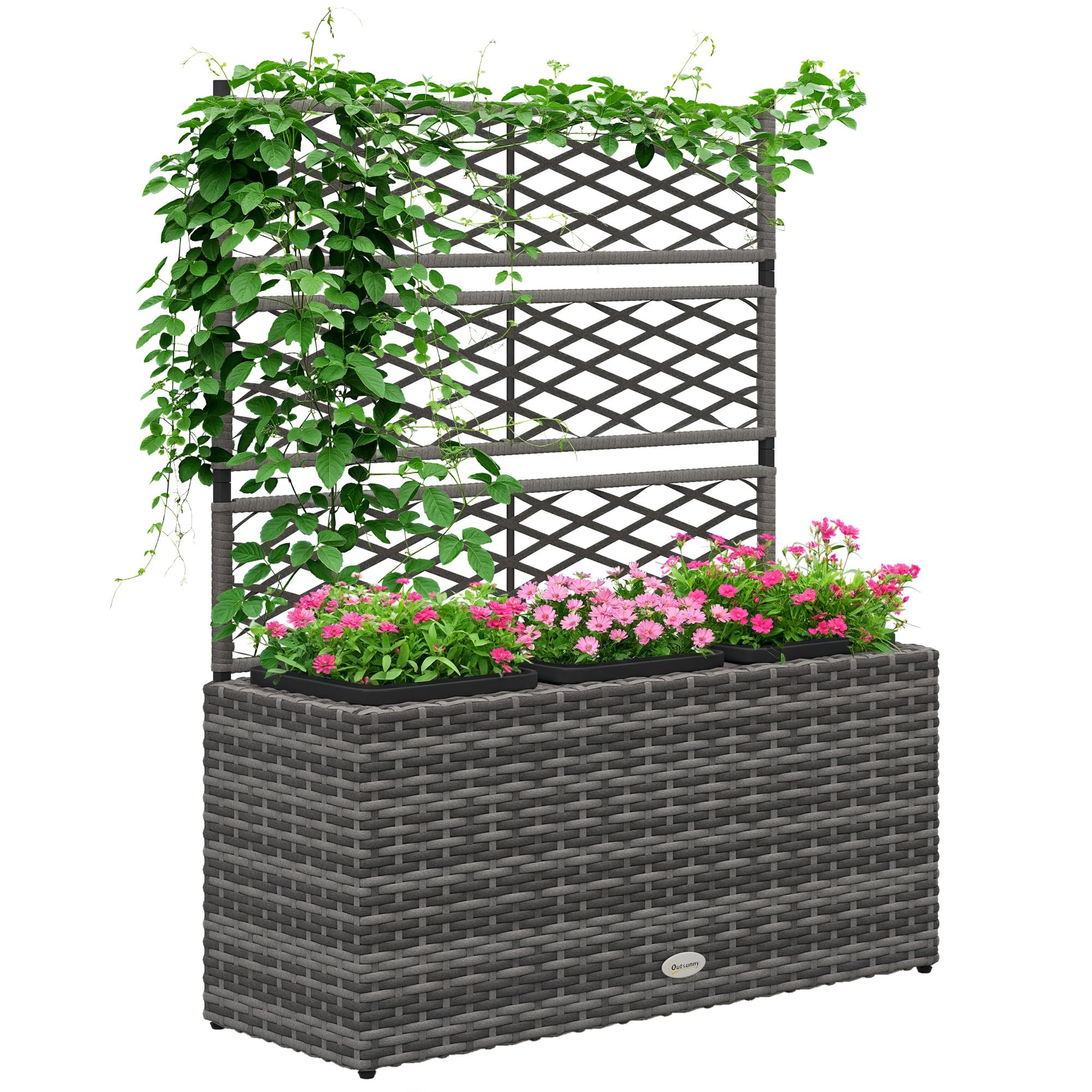 Outsunny Pflanzkübel mit Rankgitter 3 Töpfe, Pflanzgefäß, 33 l, Garten, Balkon, Terrasse, Außenbereich, aus Polyrattan und Stahl, 84 x 30 x 107 cm, Grau/Schwarz