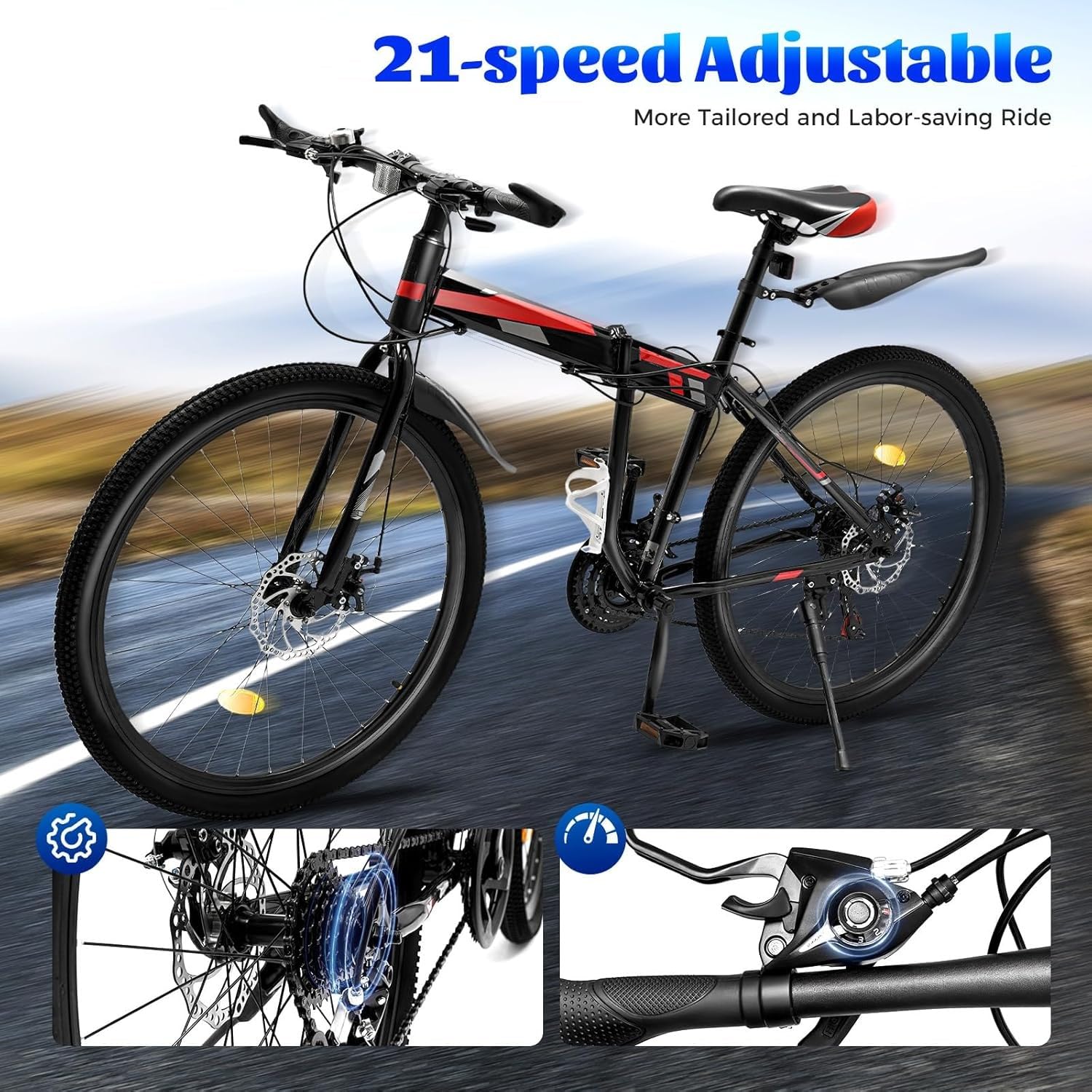 VTT Pliable 26 Pouces, 21 Vitesses, Double Frein À Disque, pour Garçons, Filles, Femmes Et Hommes 26in