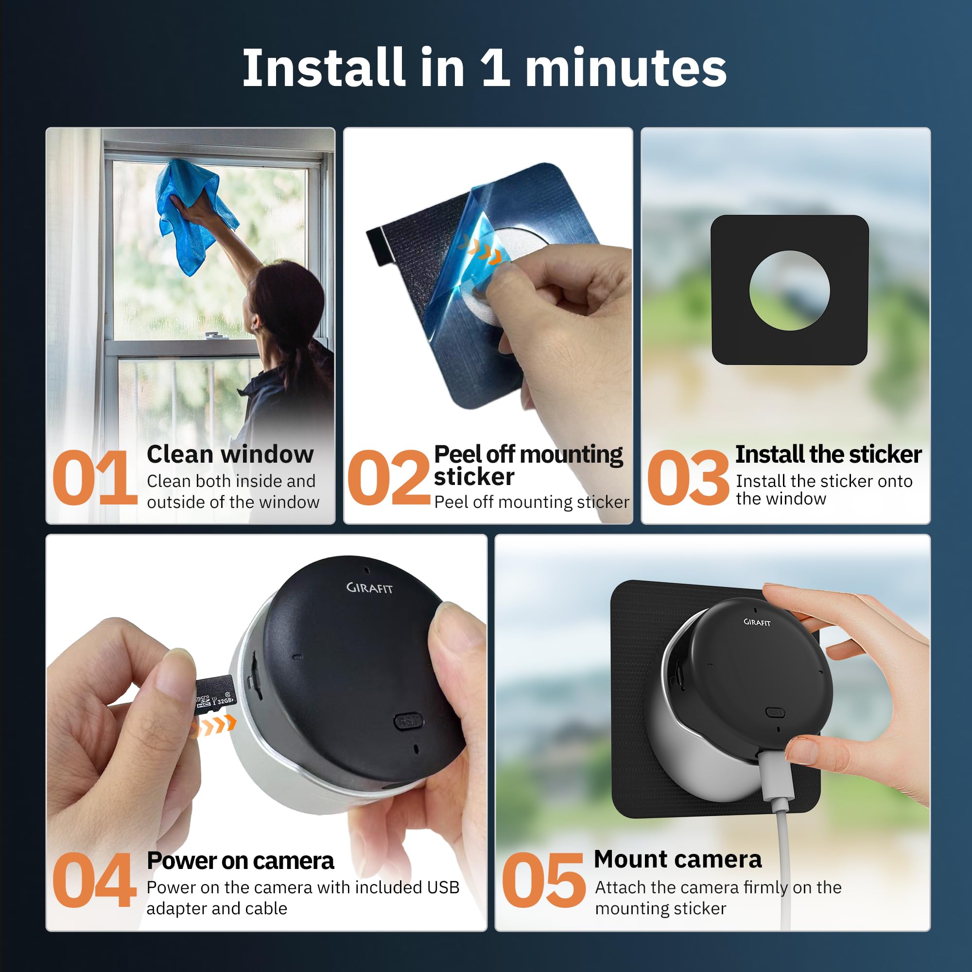 Girafit Cámara de Ventana 2K 3MP con inclinación de 20° para Segundo Piso, cámaras WiFi de 2.4 GHz/5 GHz para Seguridad del hogar, visión Nocturna a Color ChroMax AI, cámara de Ventana Interior para