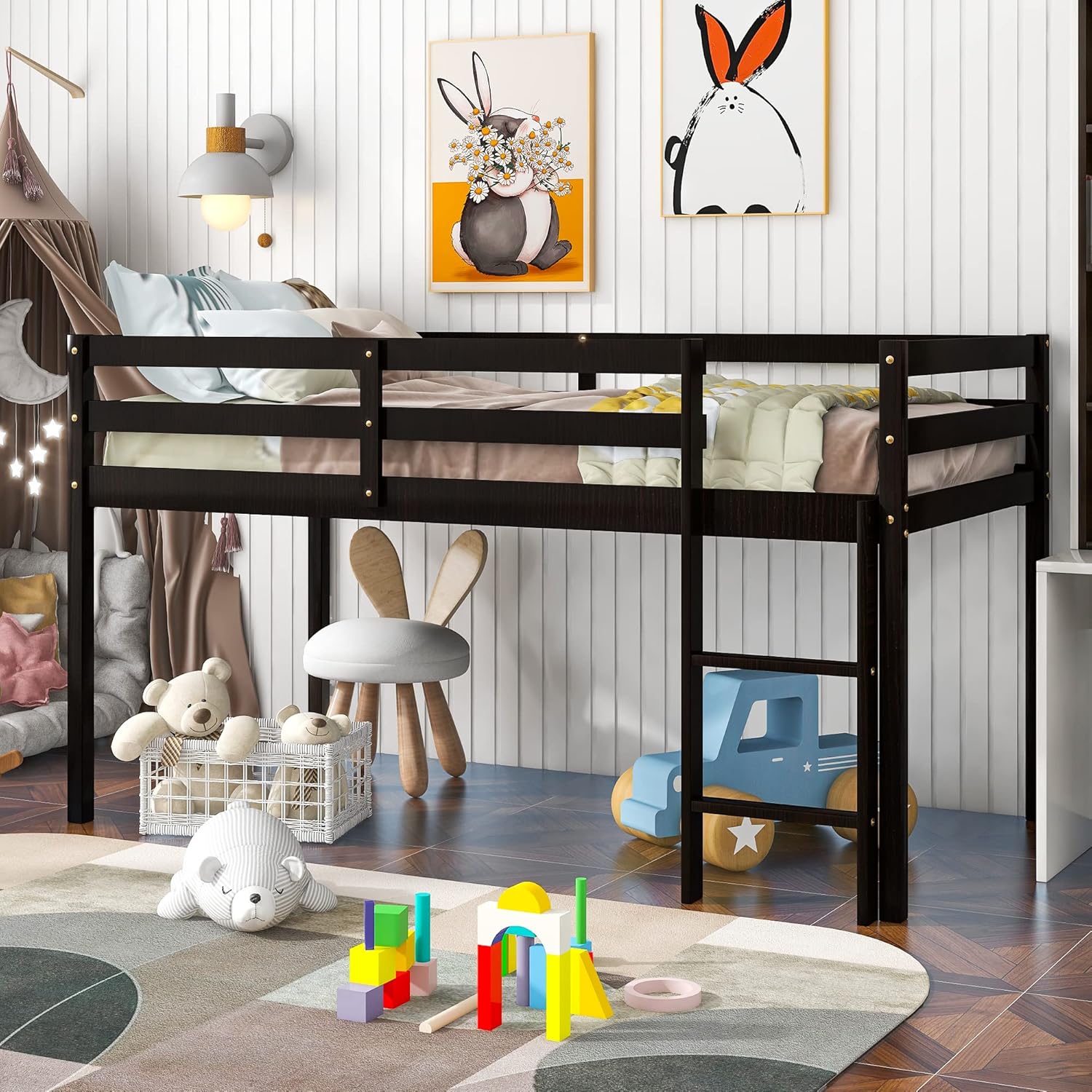 MWrouqfur Loft Twin Bed,Solid Wood Low Loft Bed w/Guard