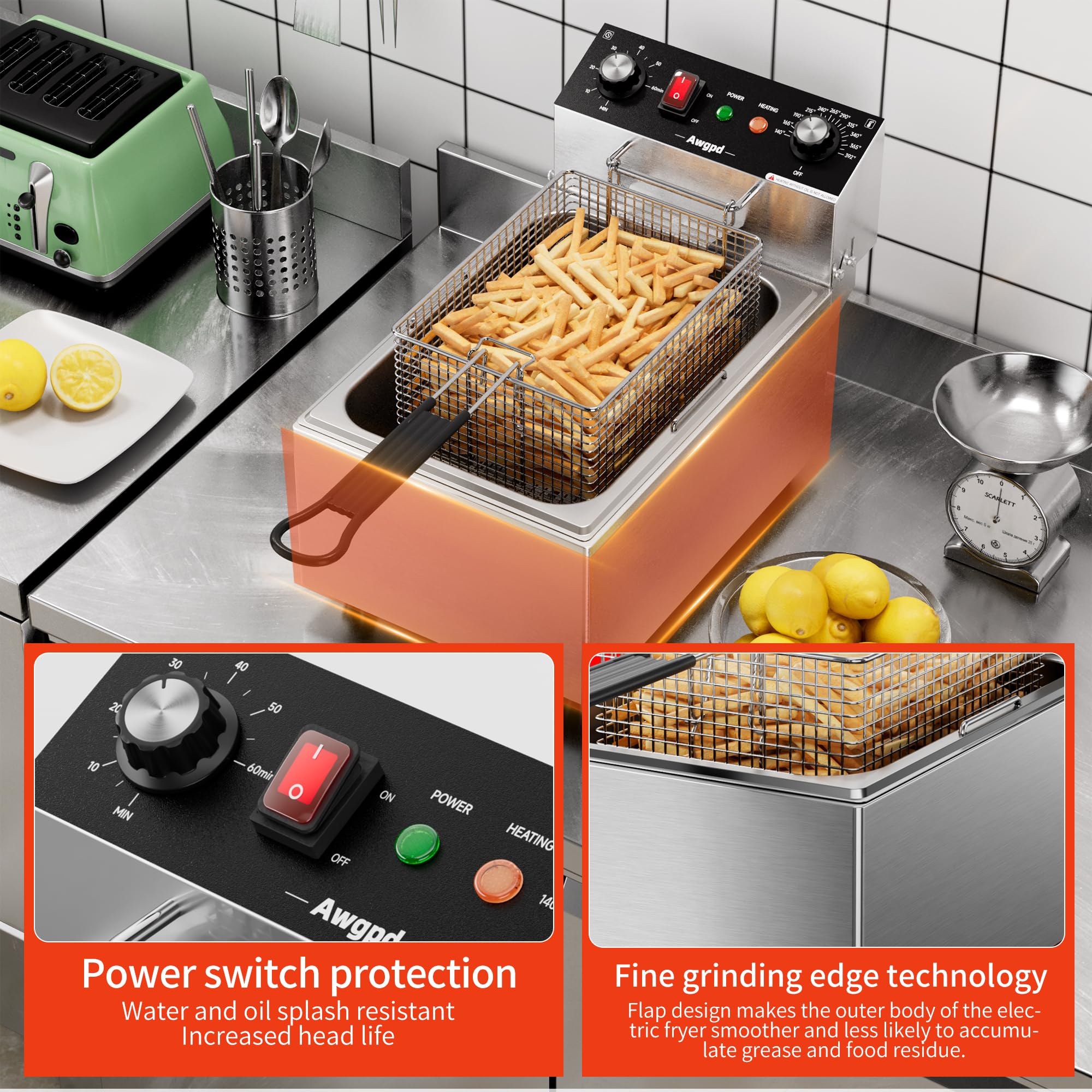 Freidora eléctrica de un solo tanque con capacidad de canasta, 10.5 cuartos de galón, freidoras eléctricas de encimera con temporizador de 60 minutos para cocina y restaurante, 1700 vatios, 110 V (10 7