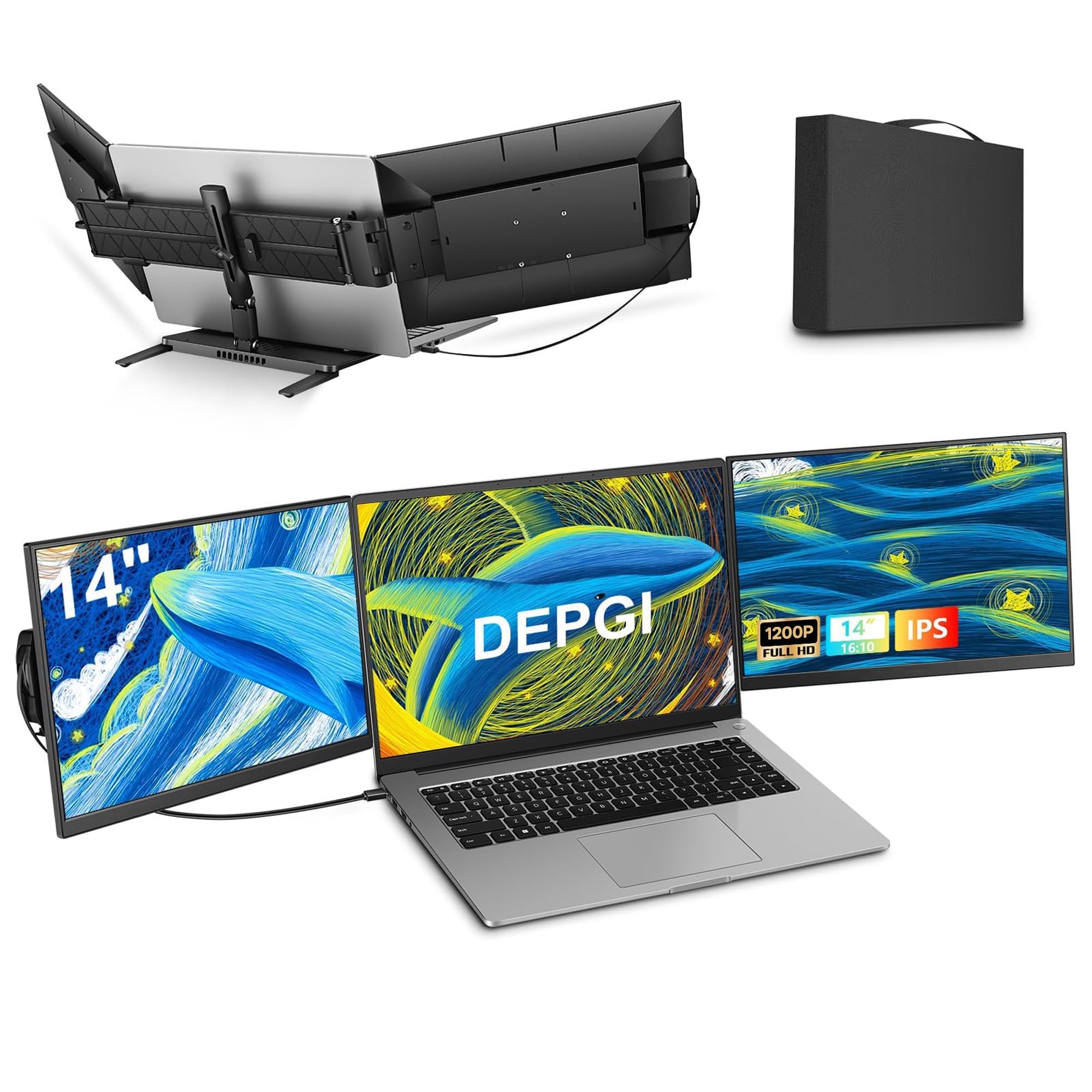 DEPGI 14" Laptop Screen Extender Built-in Cooler, 1200P FHD One Cable Connect Portable Triple Monitor, Dual Screen Monitor Fits 13"-17.3" Laptop with Stand for MacOS/Windows
