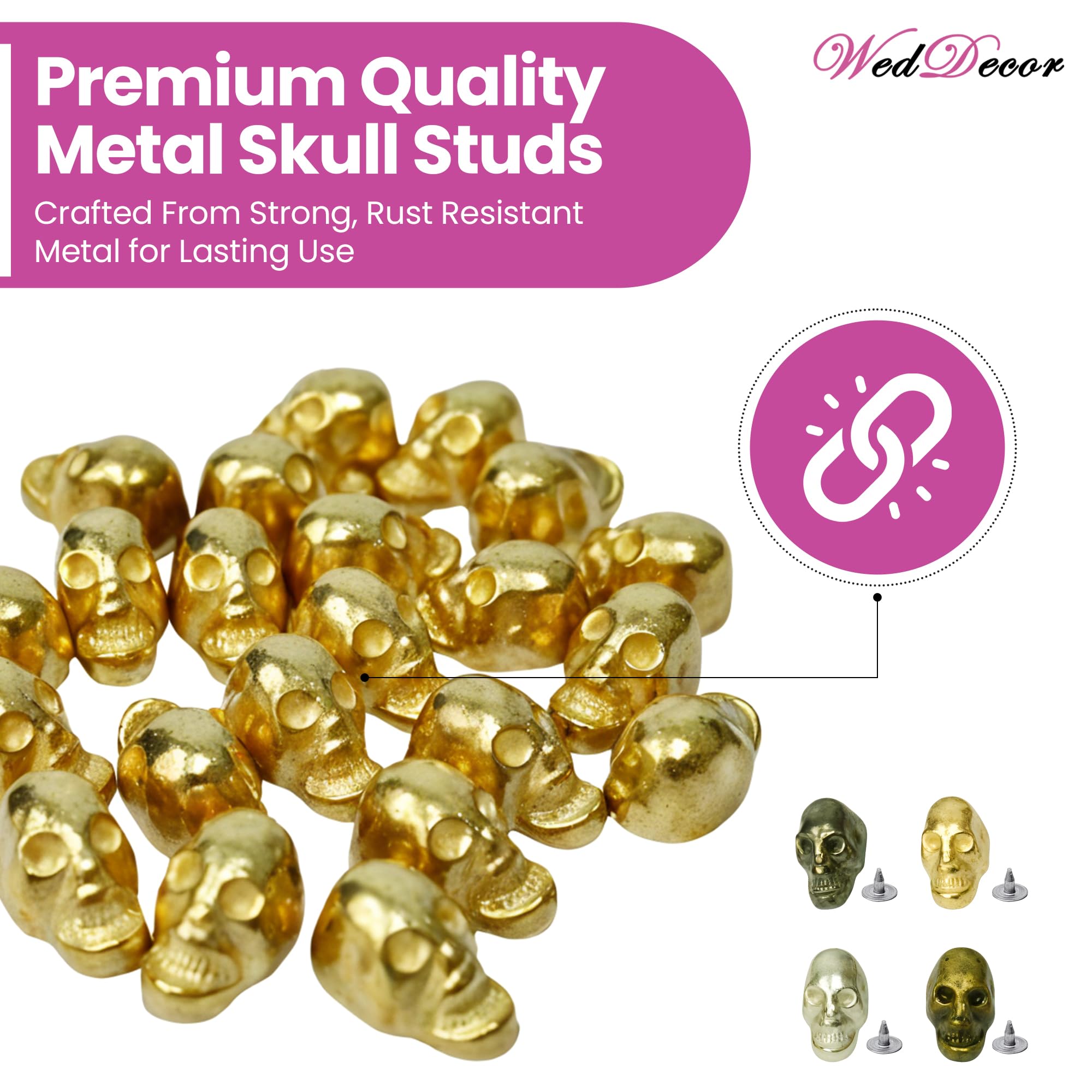 WedDecor 9 mm x 15 mm, 400 piezas de tachuelas de calavera con pines y troqueles de fijación con kit de almacenamiento, kit compatible con máquina verde para cuero, ropa, chaquetas, zapatos, bolsas y