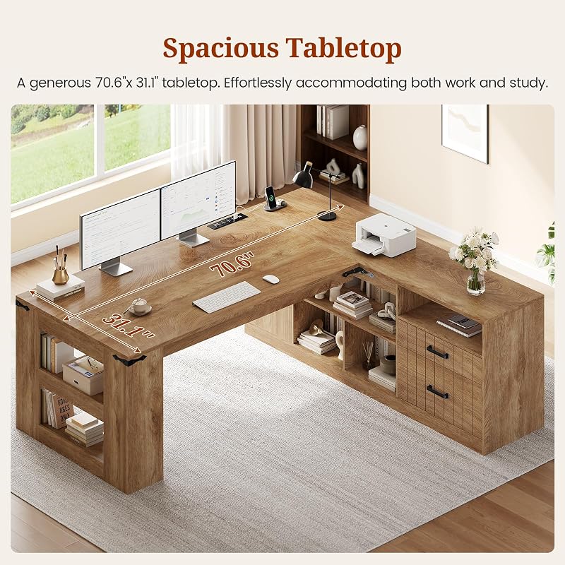 UPOSOJA 71" Executive Desk, L Shaped Large Office Desk with Storage Drawers image 3