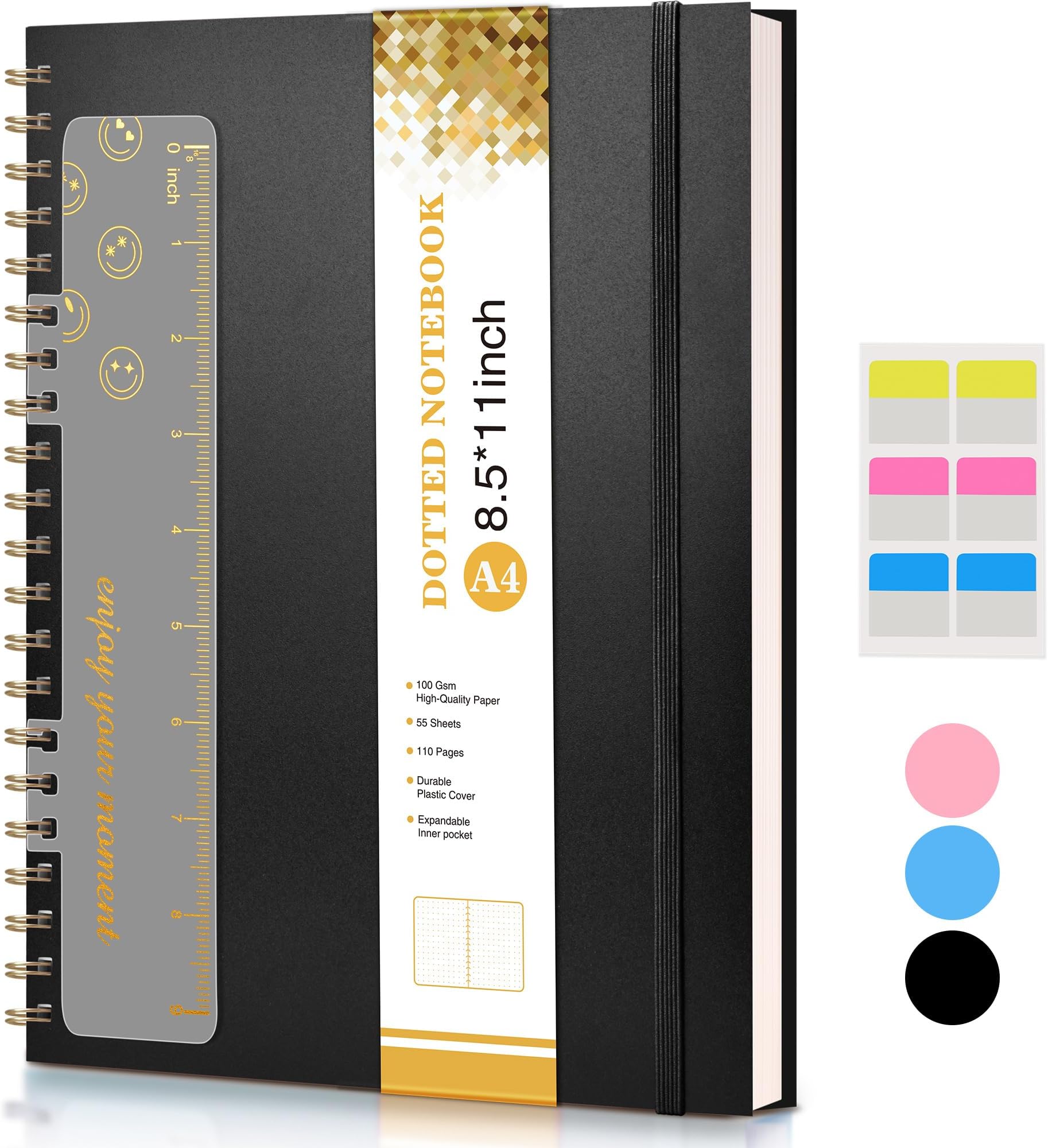 Dotted Notebook, Spiral Notebook Journal 8.5” x 11”, A4 Large Dot Grid Notebooks for Women Men, 100 GSM Dotted Paper, Plastic Hardcover Spiral Bullet Journals for Work School Sketching, Black