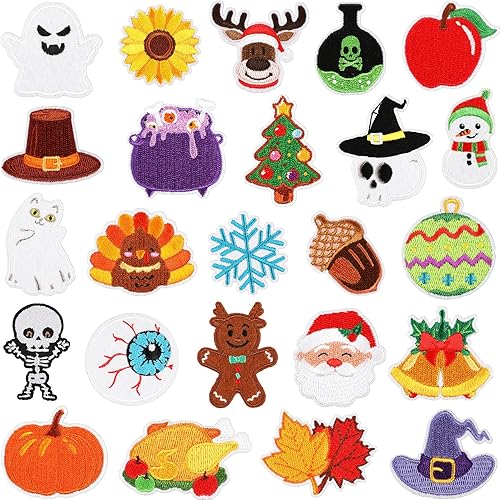 Juego de 24 parches termoadhesivos de Halloween con tema de calavera de terror, decoraciones bordadas para ropa, chaquetas, sombreros, mochilas