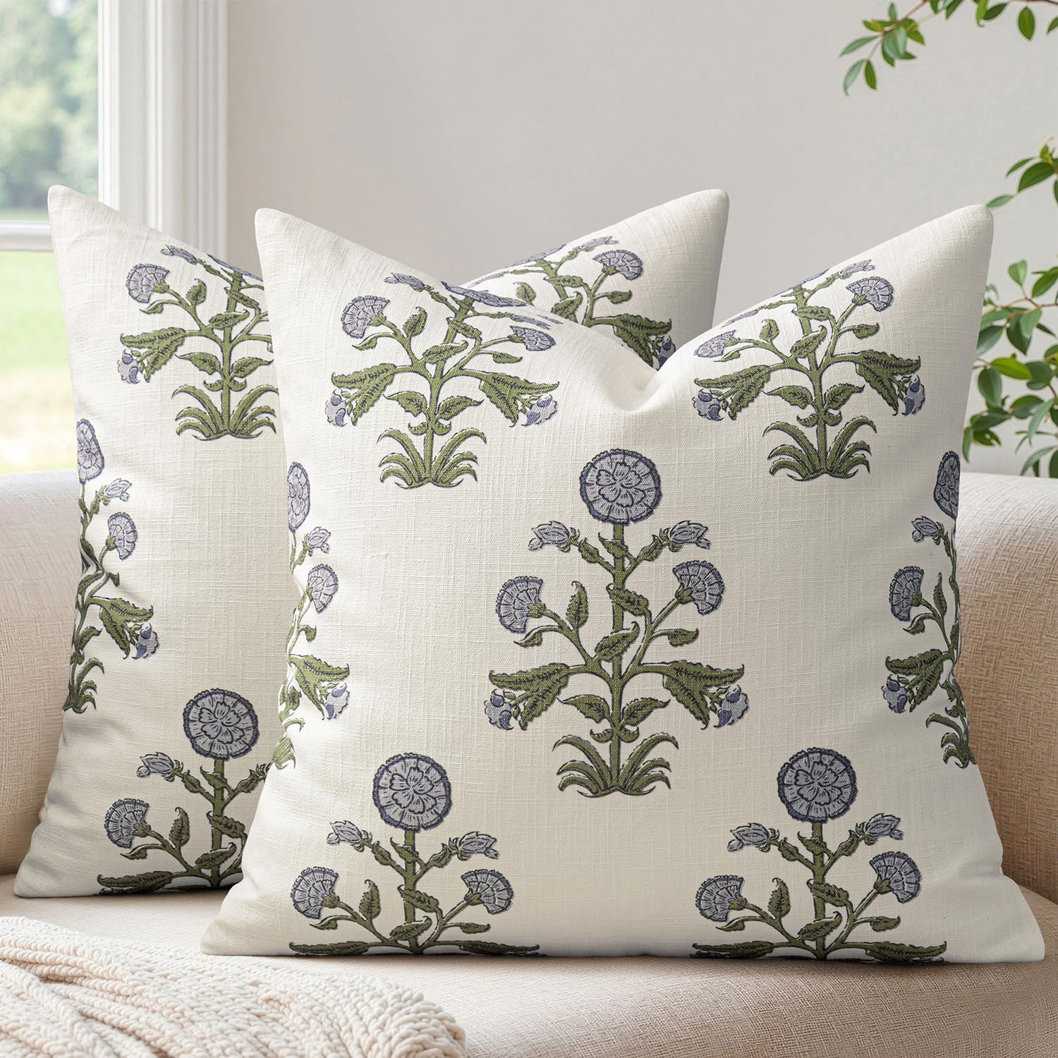 MIULEE Set of 2 Vintage Pillow Covers Neutral Decorative Floral Throw Pillows Block Print Boho Farmhouse Cushion Covers for Modern Rustic Home Decor Sofa Bed Living Room, 18 x 18 Inch, Blue Green