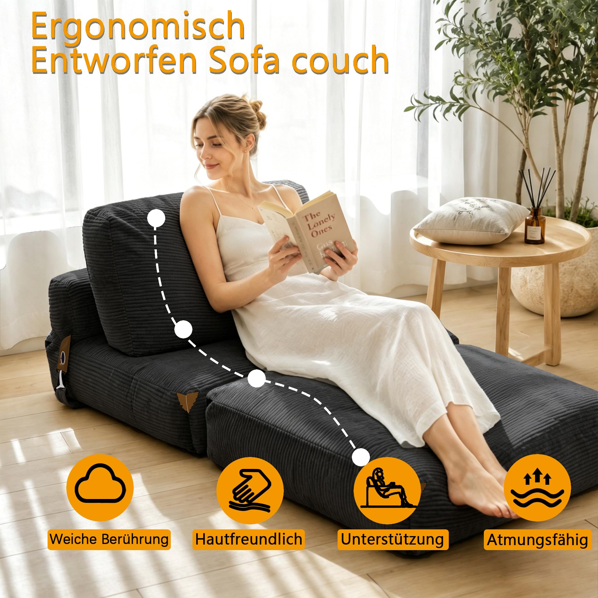 combet Klappbares Schlafsofa mit Schlaffunktion, umwandelbares Schlafsofa mit Kissen und Matratze, tragbares Bodensofa, Gästebett, Liegesessel für Wohnzimmer und Schlafzimmer,170 x 85 cm,Dunkelgrau