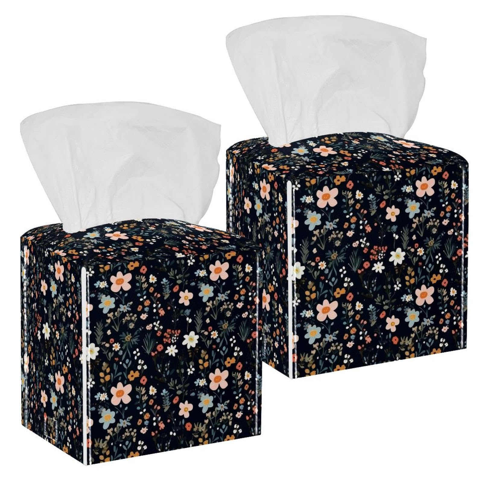 Flowers Tissue Box Cover, 2 Pack PU Leather Square Facial Tissue Dispenser Box holder for Home Office Car