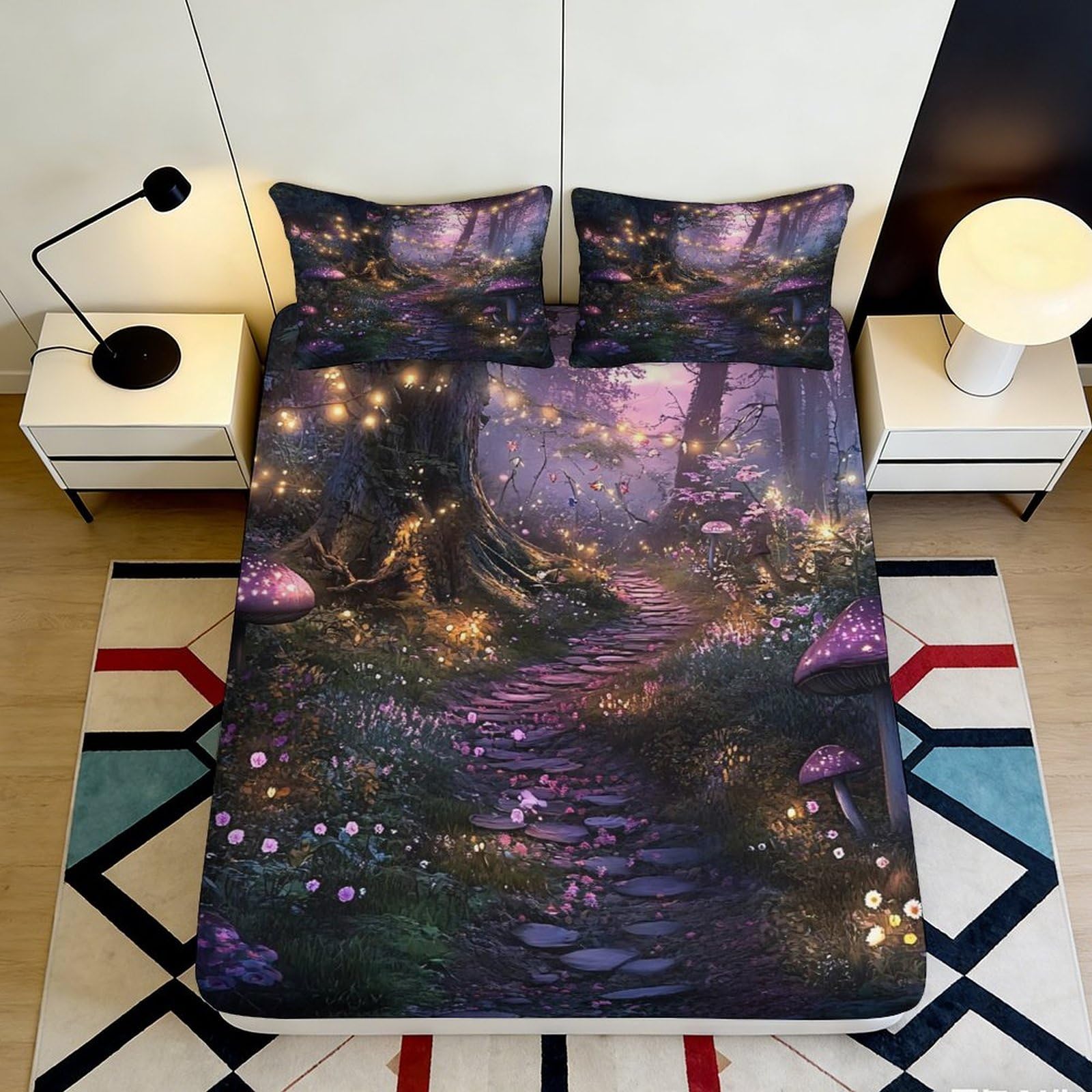 Dhbaneiok Style-2 3D Printed Enchanted Forest Fitted Sheet Microfiber Soft Purple Glow Path Mattress Cover For Bedroom Dorm Decor 90X200x25cm