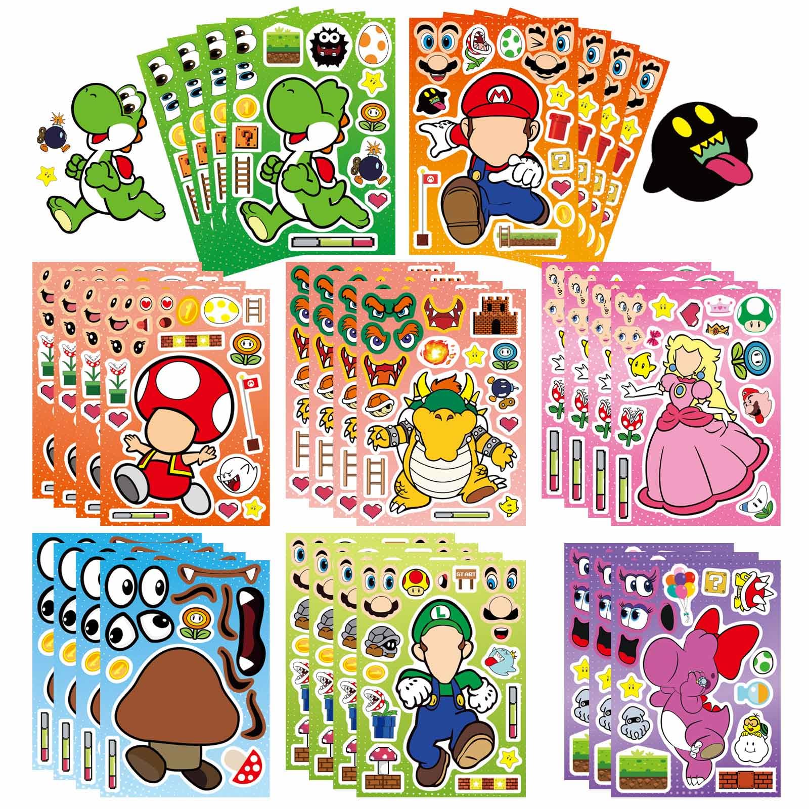 32 Sheets Mario Make a Face Stickers, Cartoon Book Crafts for Kids, DIY Party Supplies Favors Your Own Mixed and Matched with Different Designs Characters Birthday Gifts Class Reward Decor