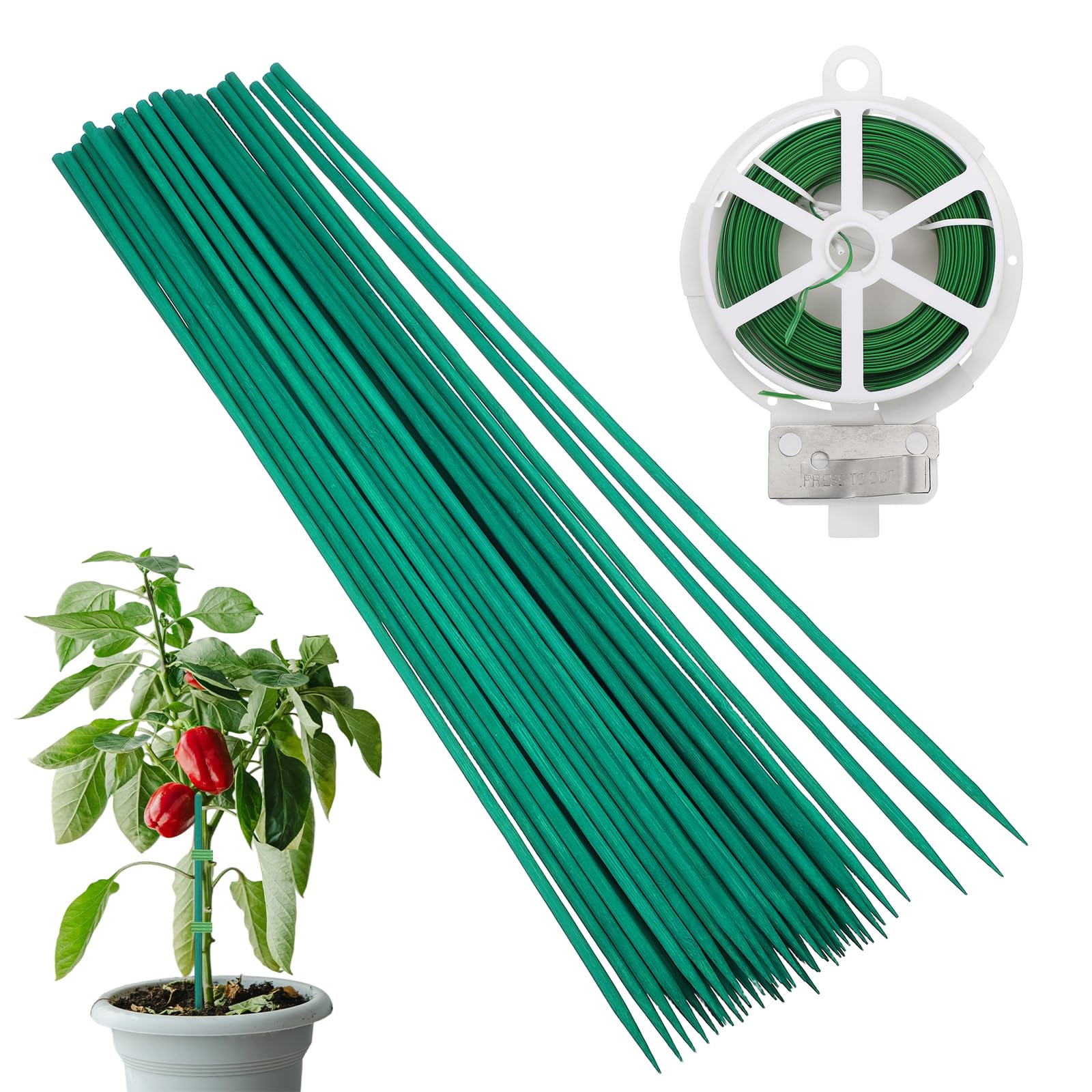 sourcing map 50Pcs Garden Wood Plant Stakes, 0.2" x 17.72" Gardening Bamboo Sticks, Floral Plant Support Stakes with 164Ft PVC-coated Wire for Indoor Potted Plants, Green