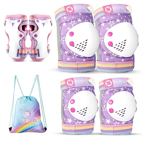 SULIFEEL Rodilleras de unicornio arcoíris para niños, rodilleras, coderas, muñequeras con bolsa con cordón, juego de equipo de protección ajustable