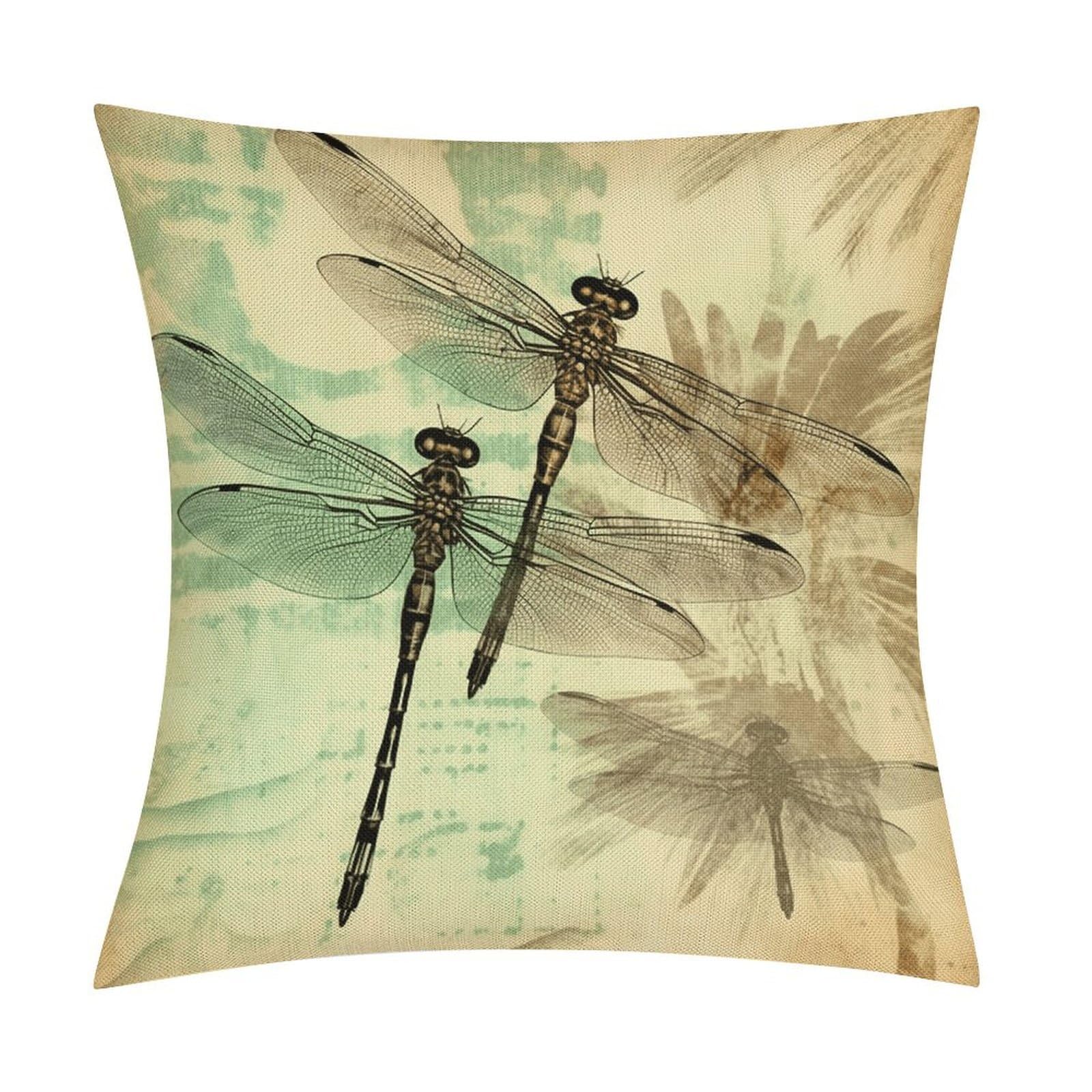 Dragonfly Dragonflies Vintage Pillow Covers 18x18 Inch, Pillow Cases Boho Farmhouse, Throw Pillow Covers for Couch Sofa Bed Spring Home Decor