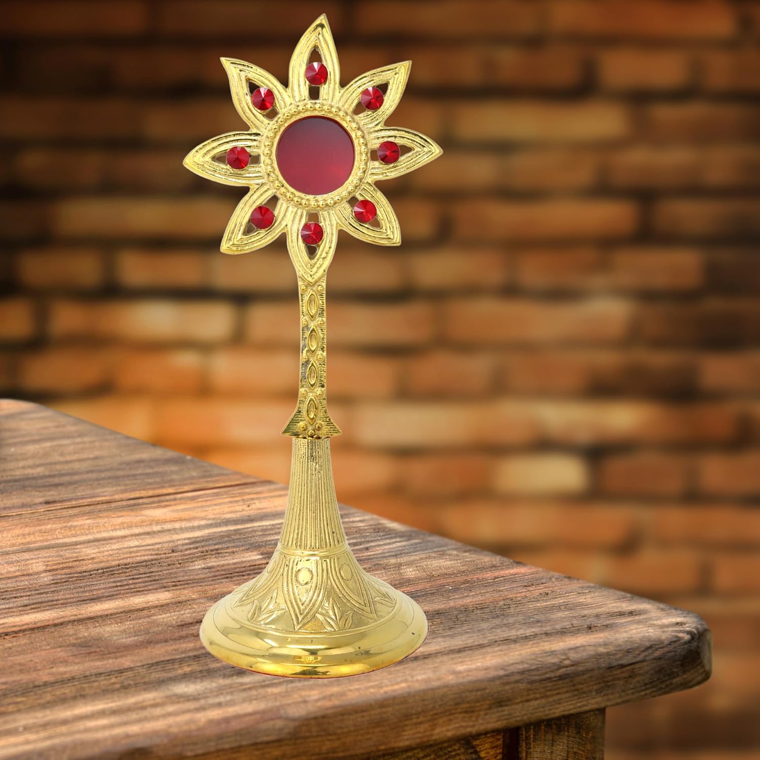Needzo Large Brass Sun Monstrance, Ornate Reliquary with Red Details, Catholic Church Decor, 10.75 x 4 Inches