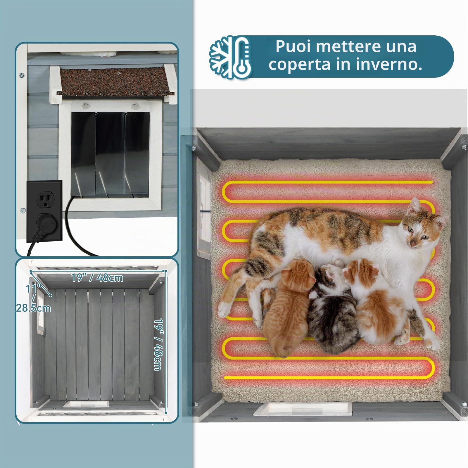 Petsfit Casetta per Gatti in Legno, con Tetto Asfalto, Cuccia per Gatto da Esterno (Grigio con tiragraffi, 76x56x72.4cm)