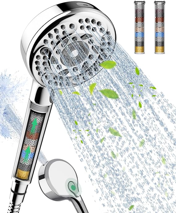 Filtered Shower Head and Hose, 9-Spray Setting High Pressure Shower Head with Filters for Hard Water - Filtered Chlorine (Chrome,2 Filters)