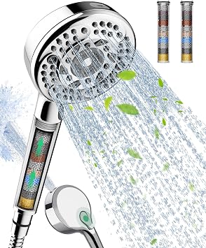 Filtered Shower Head and Hose, 9-Spray Setting High Pressure Shower Head with Filters for Hard Water - Filtered Chlorine Chrome,2 Filters