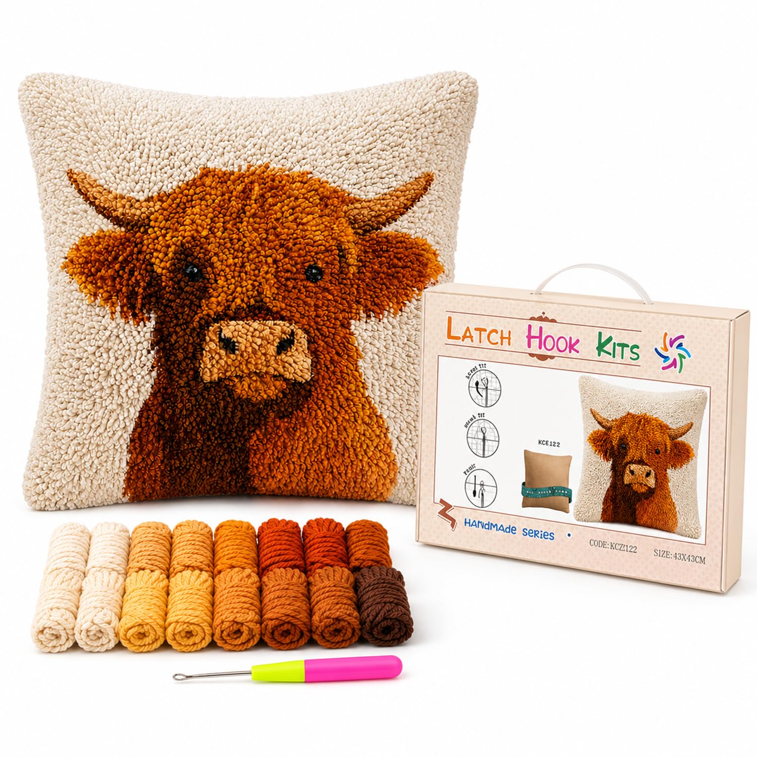 Velorin Latch Hook Cushion Kit for Adults, DIY Latch Hook Cushion Kit, Animal Craft Kit with Hook & Yarn 45x45cm (Highland Cow)