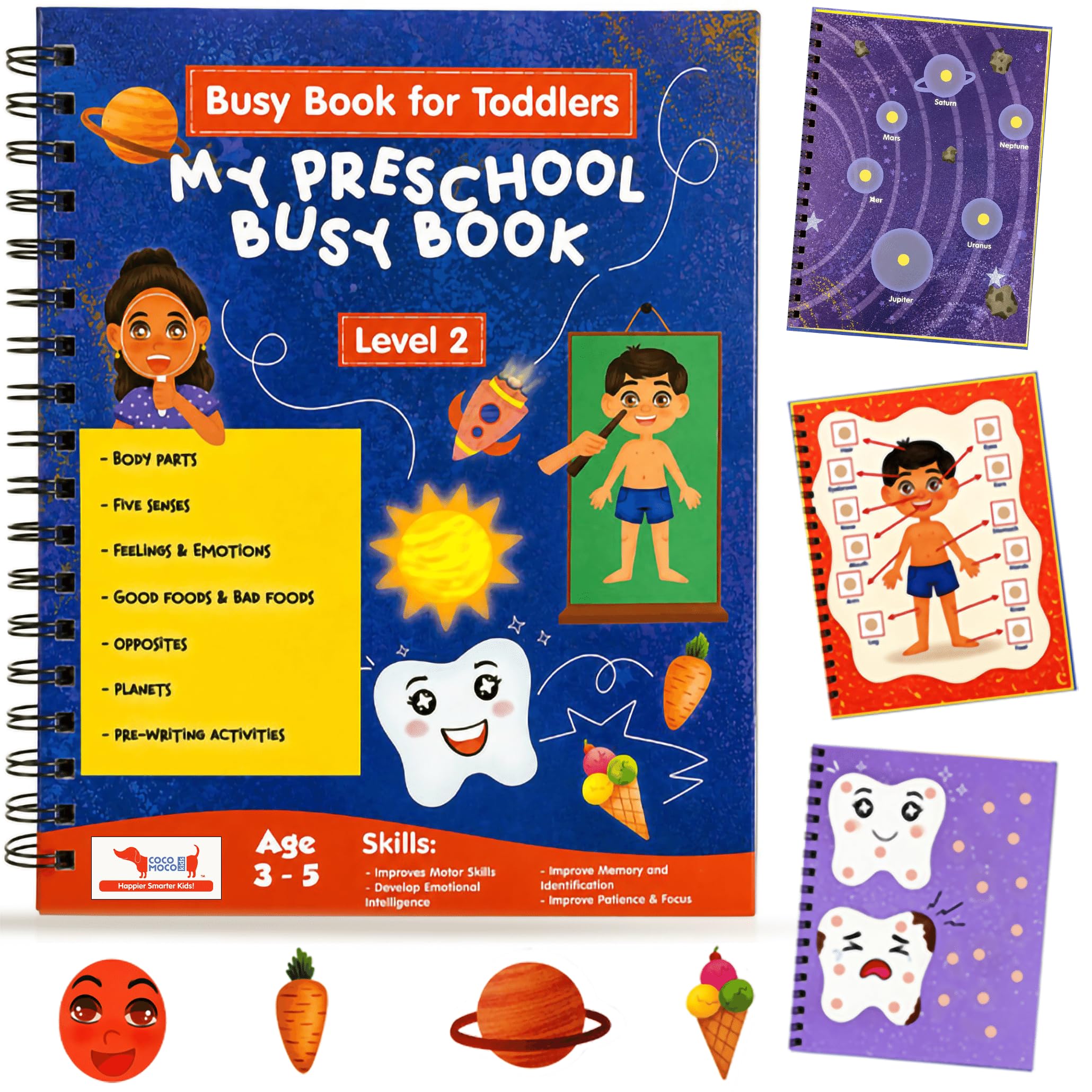 CocoMoco Kids My Preschool Busy Book for Toddlers Level 2 with Body Parts, Planets, Opposites, Emotions | Quiet Book for Kids Learning Toys for 3-5 Year olds | Montessori Learning (Pack of 1)-image-18