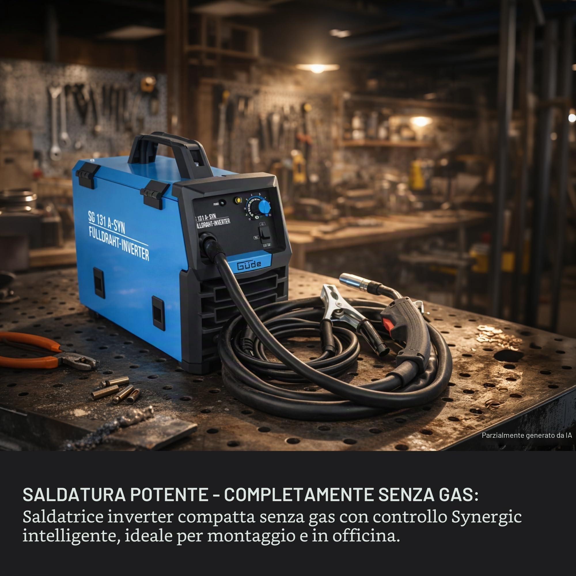 Güde Saldatrice a filo di riempimento SG 131 A-SYN (230 V, tecnologia inverter, per filo da 9 mm, corrente massima 120 A, incl. scudo saldatore, pacchetto tubi, filo di riempimento, martello spazzola