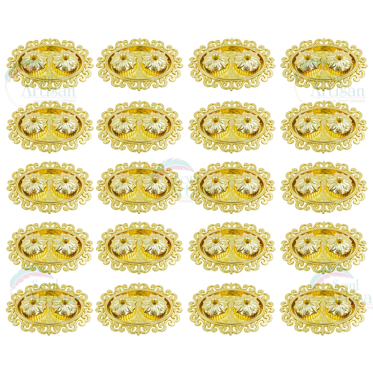 Soul Artisan Oval Design Double Kumkuma Holder Chimil Box - Plastic Golden Metallic Color(Pack of 20) - Decorative Art Design Tilak Daani, Sindoor for Women Return Gift, Diwali, Weddings, Pooja