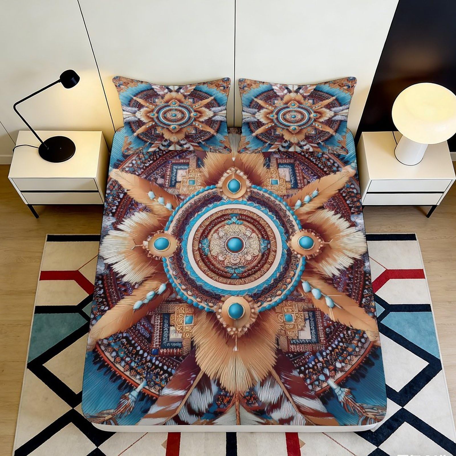 3D Printed Tribal Mandala Fitted Sheet Microfiber Soft Breathable Ethnic Feather Mattress Cover for Bedroom Guest Room Decor 90x200x25cm