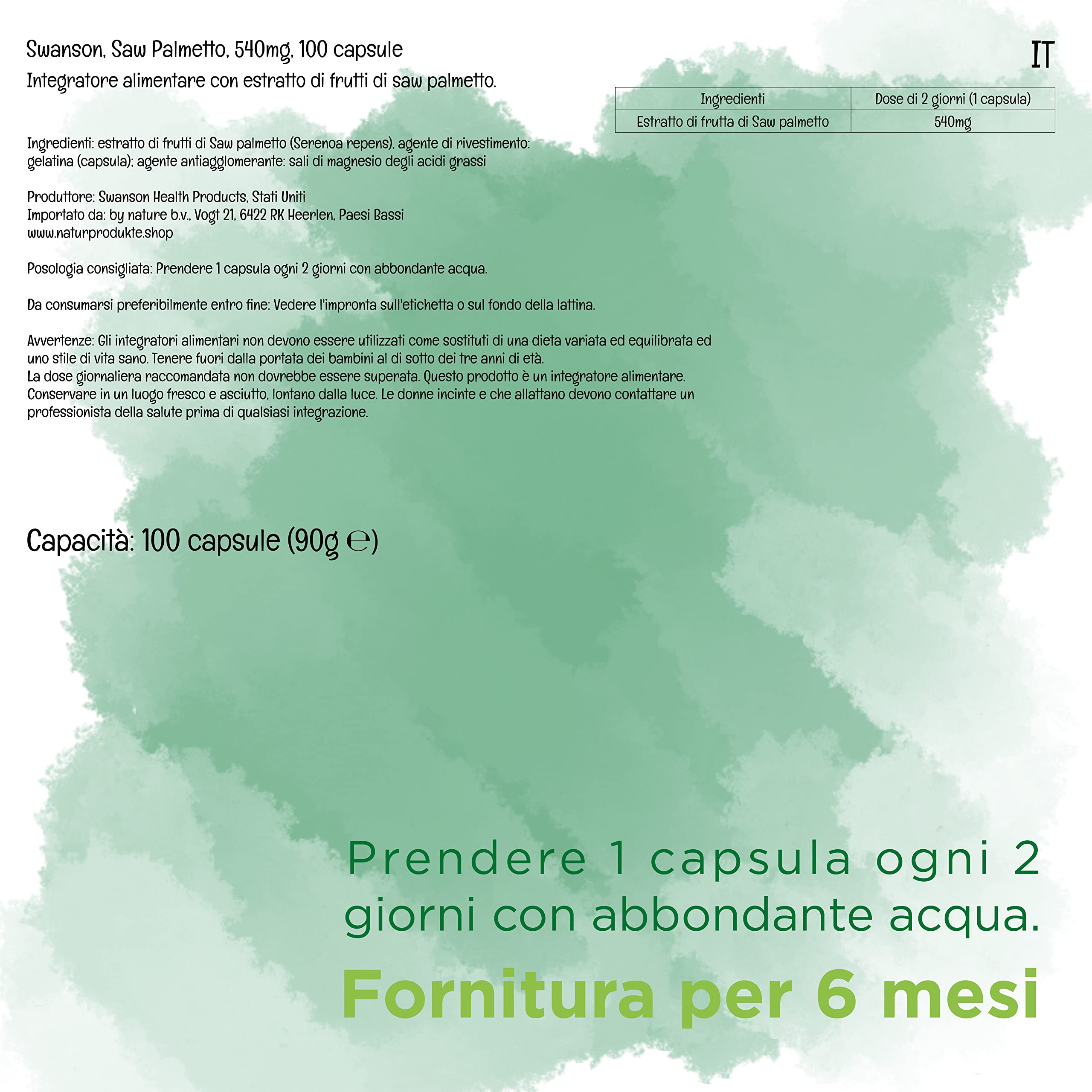 Swanson, Saw Palmetto, 540mg, 100 Capsule, Alto Dosaggio, Testato in Laboratorio, Senza Soia, Senza Glutine, non OGM