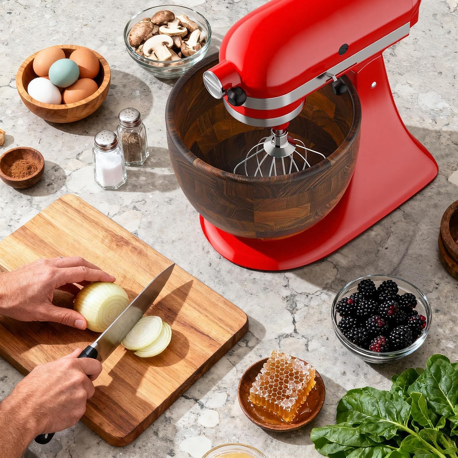 Cofun Ciotola in Legno Premium per KitchenAid, Contenitore 4.8L per Planetarie a Testa Inclinabile 4.3L, 4.7L/4.8L, Ciotola Naturale in Acacia con Base in Acciaio Inox, Accessorio per KitchenAid