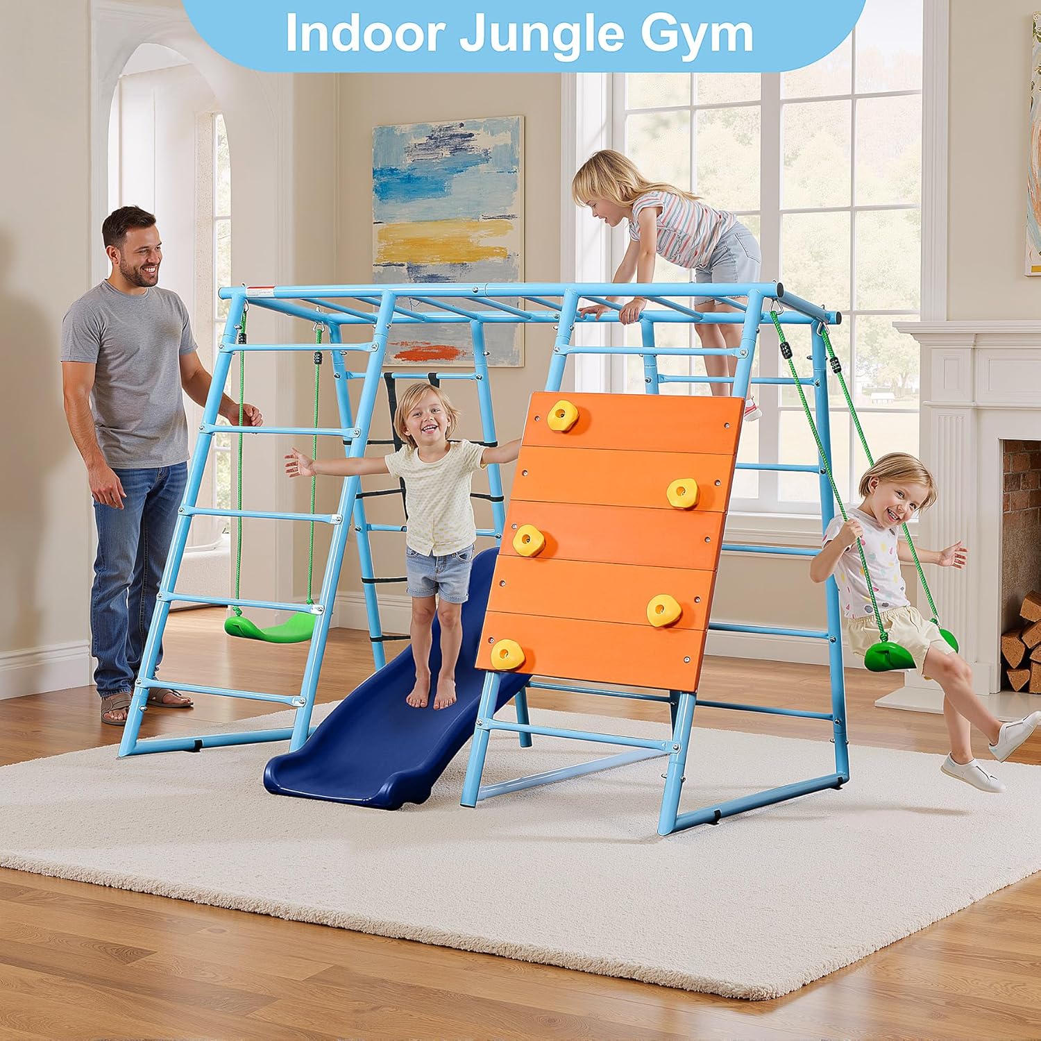 6 in 1 Indoor Climbing Dome, Metal Jungle Gym with Climbing Wall, Slide, Monkey Bars, Rope Ladders and Two Swings, Playset for Kids Ages 3-12