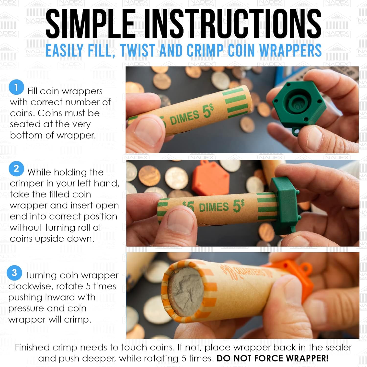 Nadex 256 Assorted Preformed Crimped End Coin Roll Wrappers with Color Coded Coin Wrapper Crimping Tool (Patent Pending), 64 Each of Nickels, Dimes, Pennies and Quarters