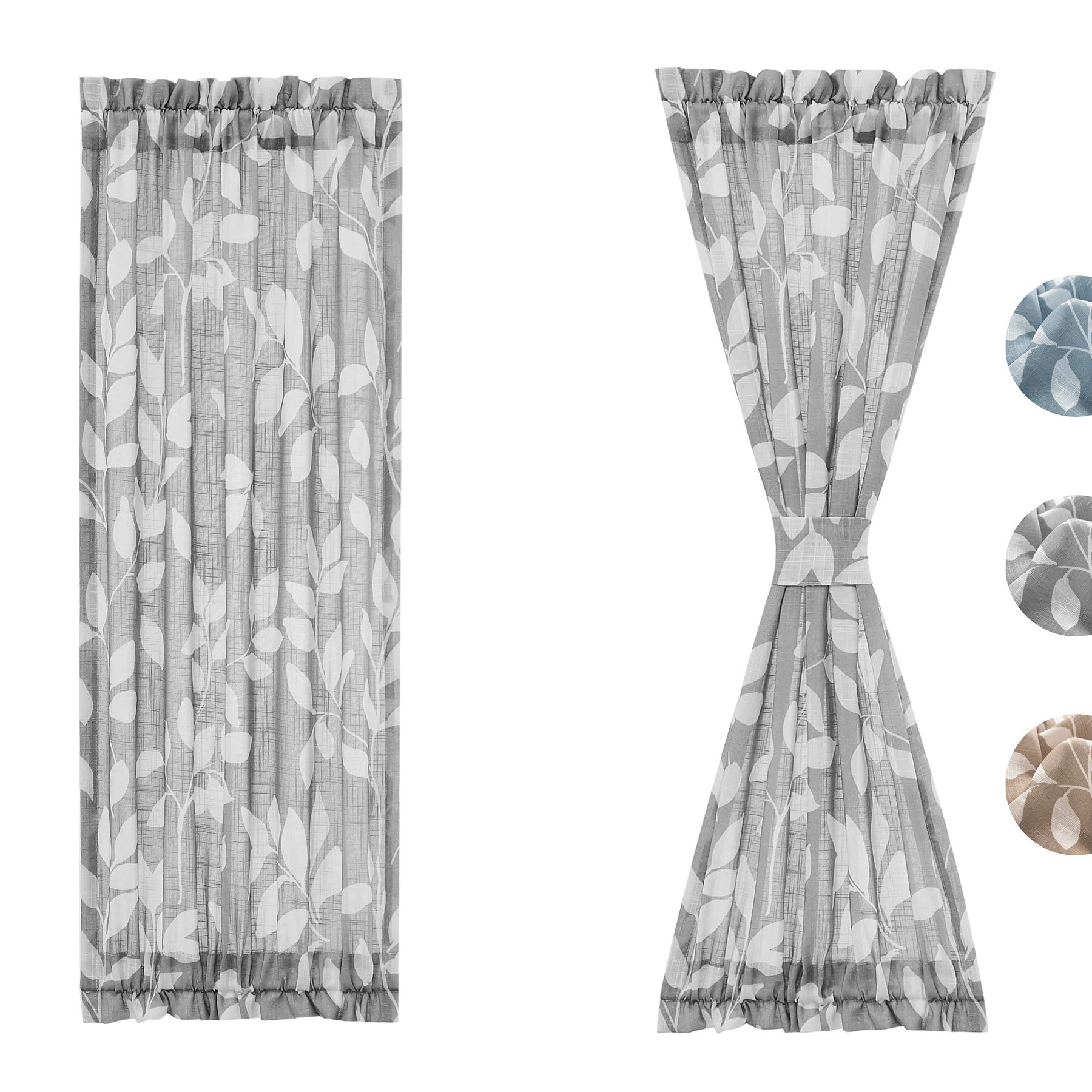 Treatmentex White Grey Sidelight French Door Curtains 40" Short Leaf Print Privacy Front Glass Door Panels Linen Texture Look Half Door Curtain Set of