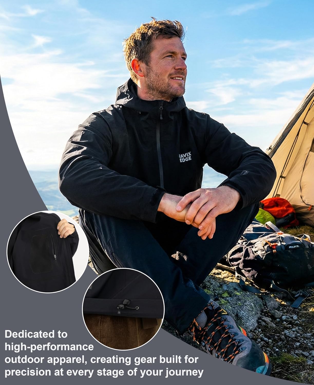 Men's Hiking Jacket,75D 3-Layer Waterproof Windproof Breathable Hardshell Relaxed Fit Rain Jacket PFAS-Free