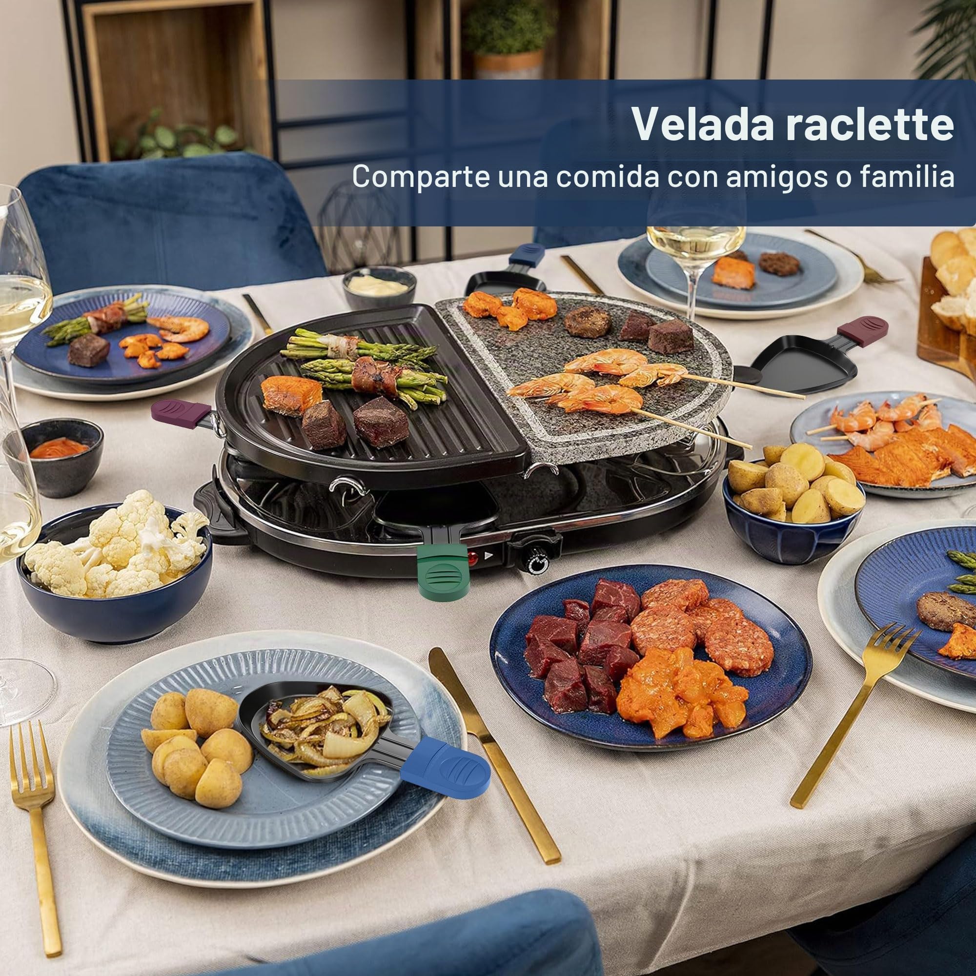 ipow Set 8 Sartenes Raclette Triangulares Mangos Multicolor + Palas - Antiadherente