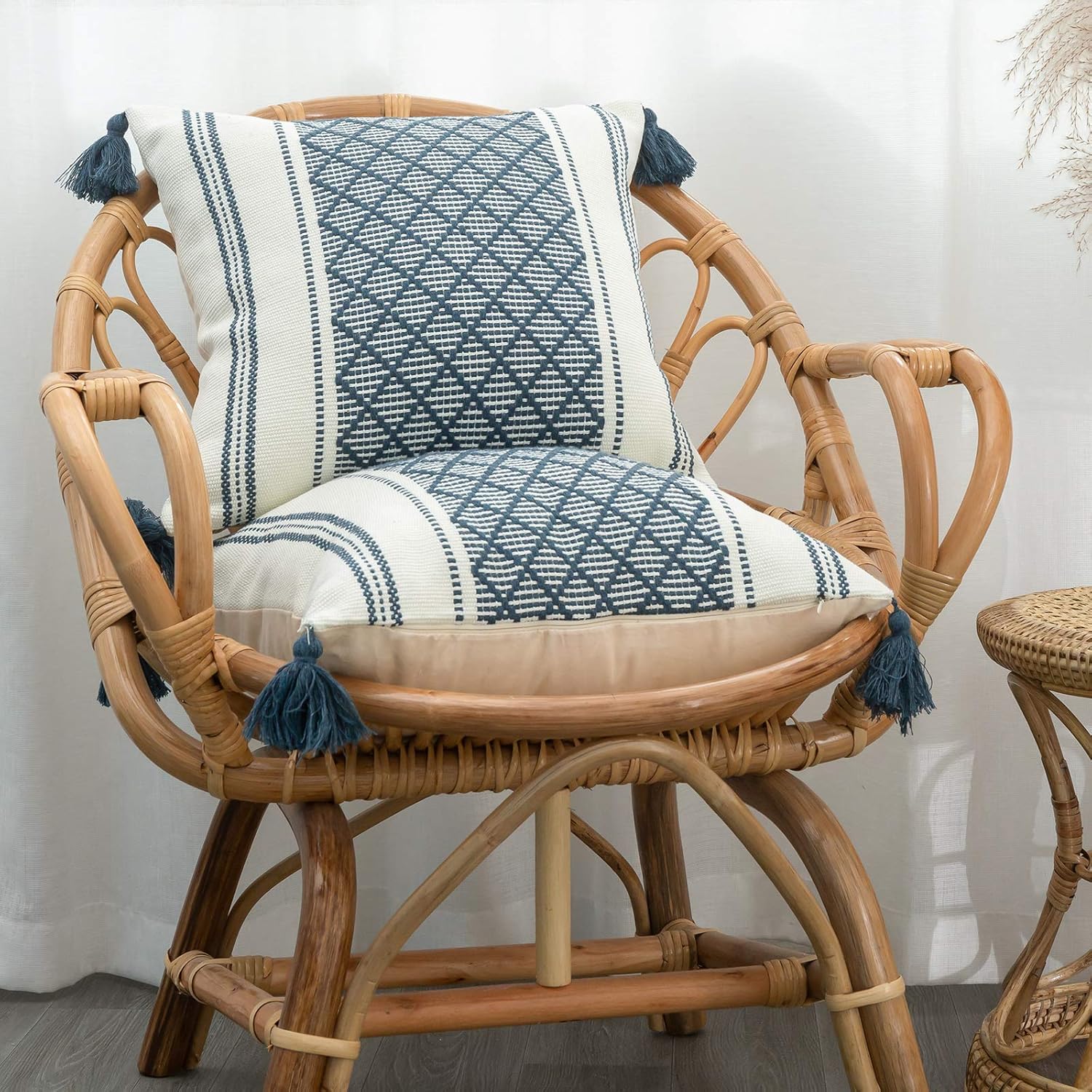 Set of 2 Boho Neutral Decorative Throw Pillow Covers 18x18 Inch, Cotton Woven Diamond Jacquard Pattern Pillow Cases for Couch Sofa Bedroom Car, Modern Accent Square Pillowcase, Blue : Home & Kitchen