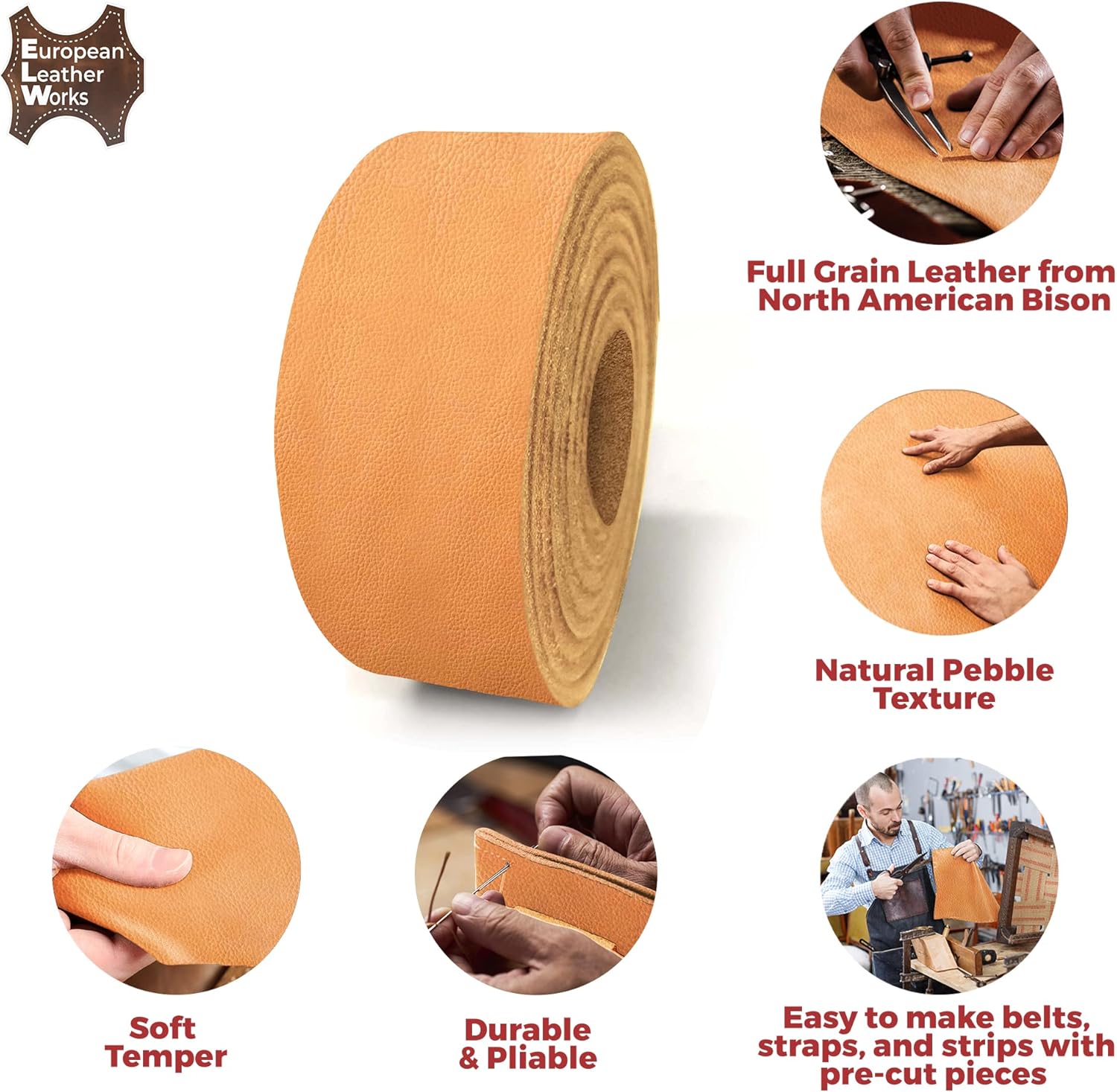ELW Genuine American Leather Bison 8-9 oz (3.2-3.4mm) Thickness - Straps, Belts, Strips - Camel, 2-3/4"x72" - Full Grain Hide DIY Craft Projects, Bag, Chap, Moccasins, Jewelry, Wrapping
