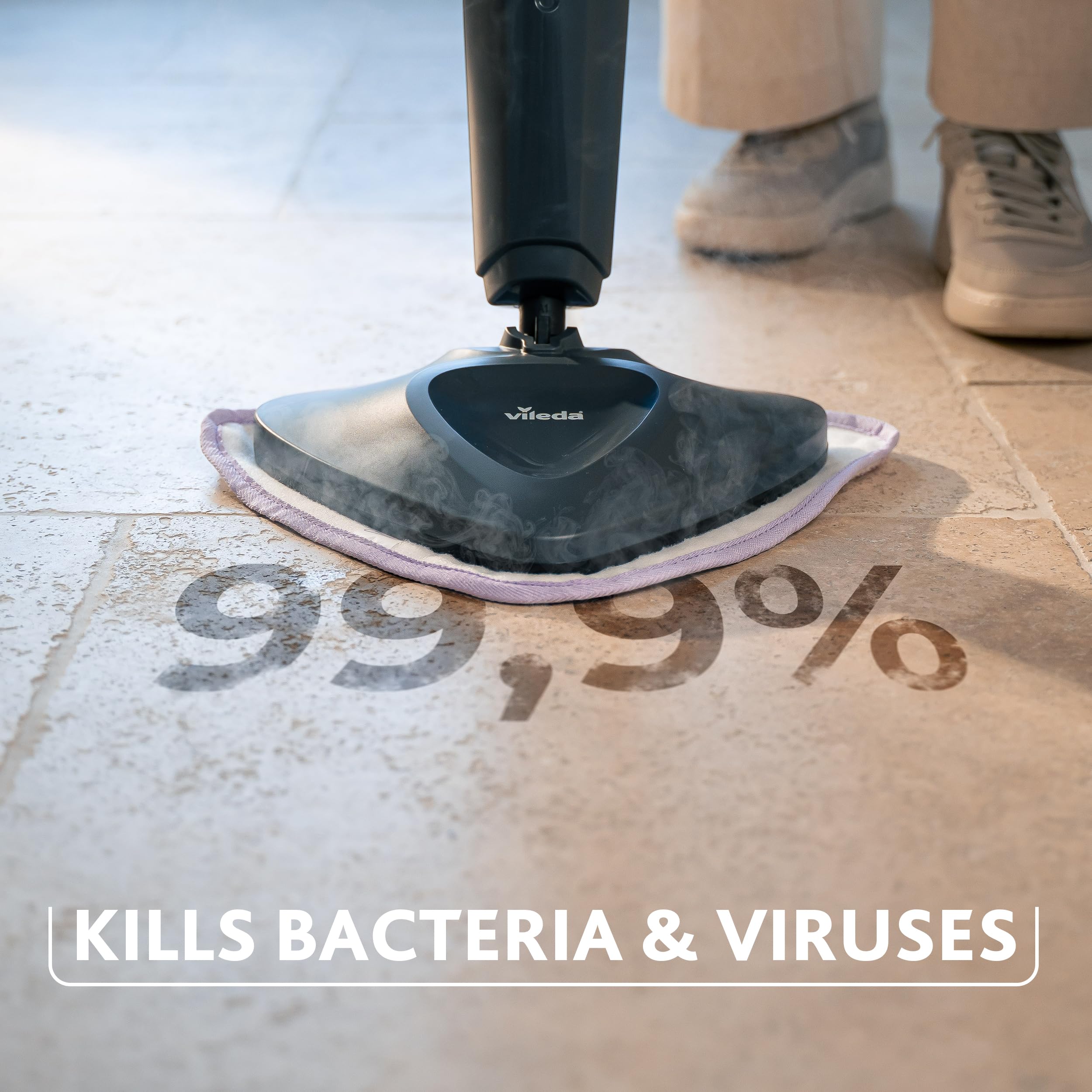 Vileda, Steam Plus Pro, Scopa a Vapore, Rimuove fino al 99% di Batteri e Virus, Ideale per Pavimenti Delicati, con 4 Impostazioni di Vapore, Include Vassoio di Stoccaggio