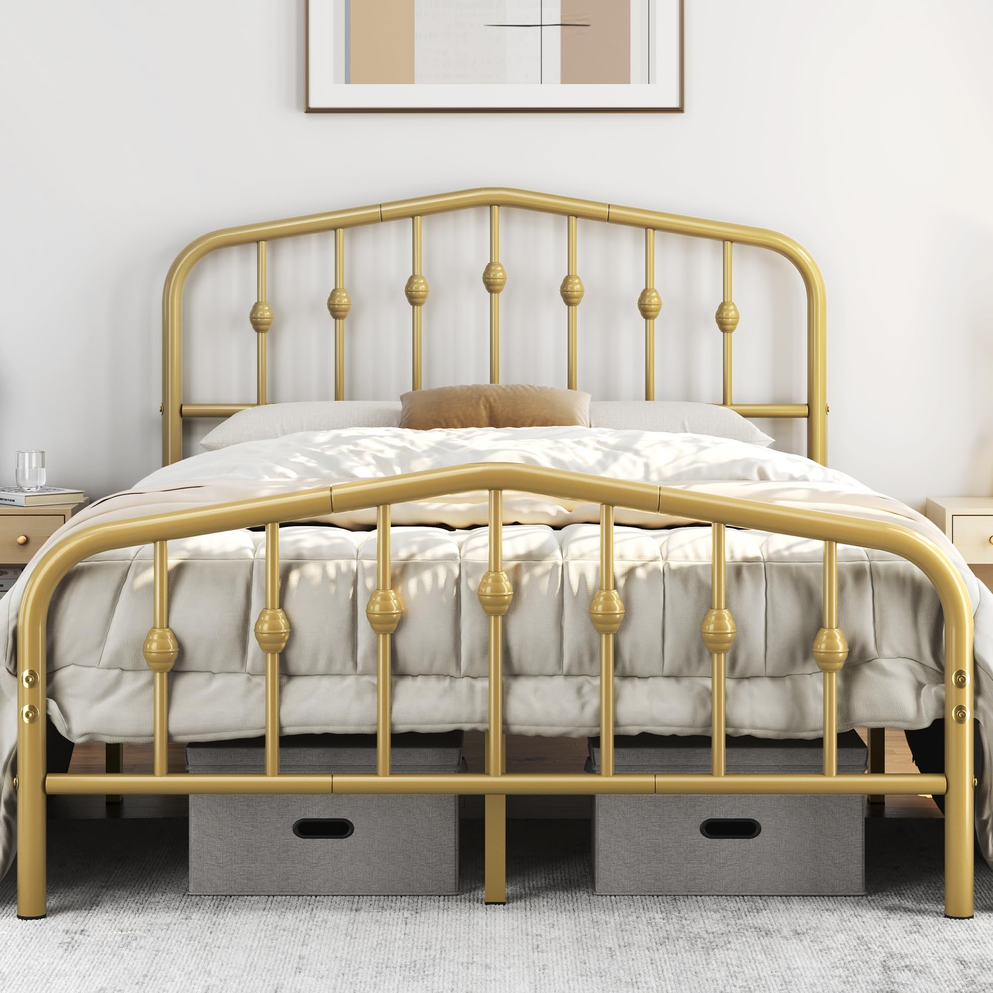 Yaheetech Full Bed Frames Metal Platform Bed with Victorian Style Wrought Iron Headboard and Footboard/Easy Assembly/No Box Spring Needed/Antique Gold Full Bed