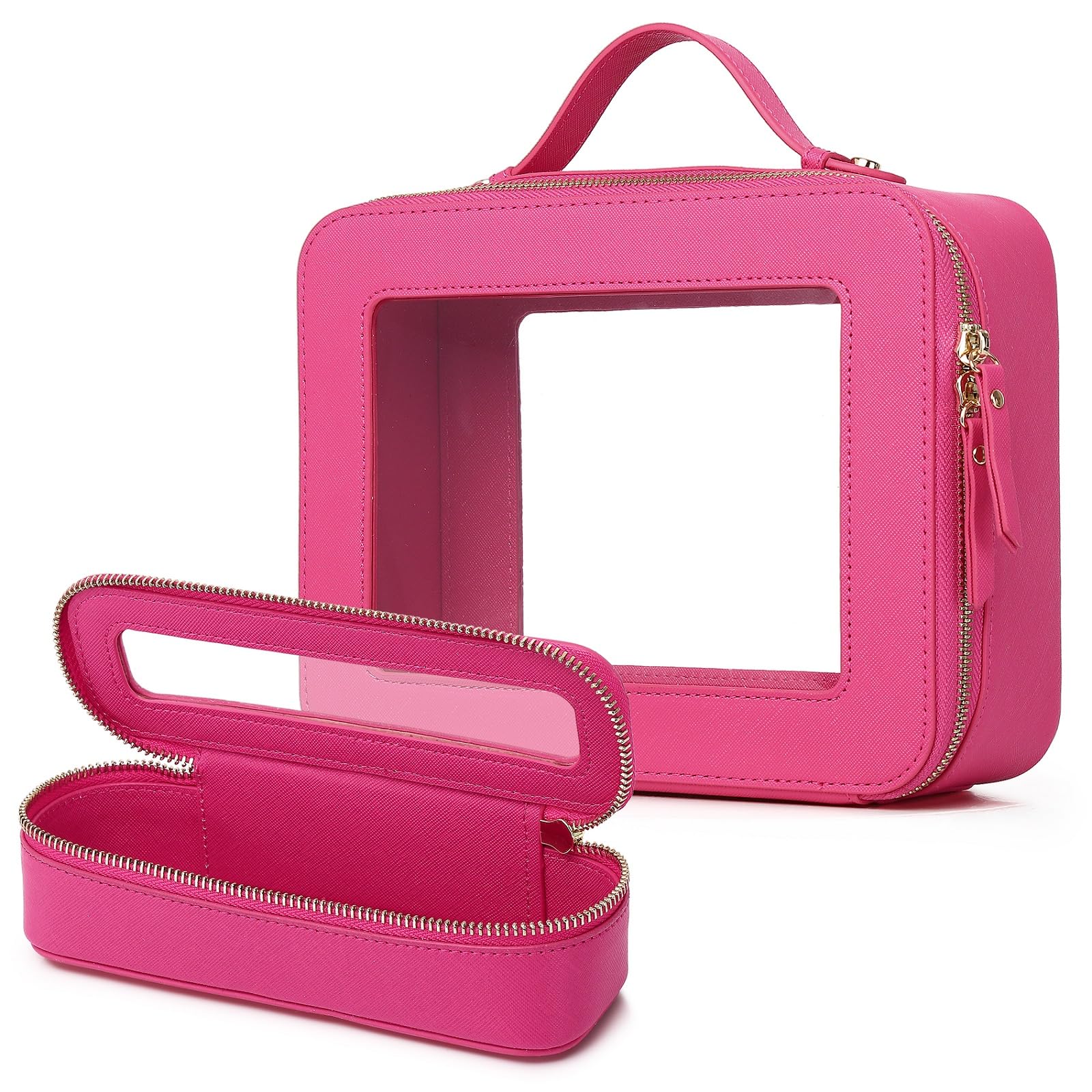 Clear Travel Makeup Bag with Brush Bag Portable Transparent Cosmetic Bag and Toiletry Bag Waterproof Clear Makeup Bag with Zipper Car Bag for Women (Fuxia, L+Slim)