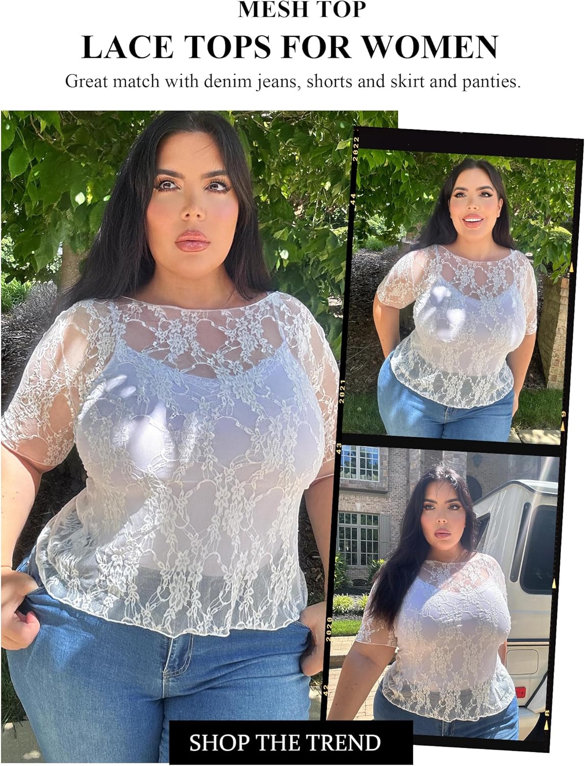 Avidlove Mesh Top for Women Short Sleeve Crew Neck Fitted Top Solid & Floral Lace Tee Shirts - Image 4