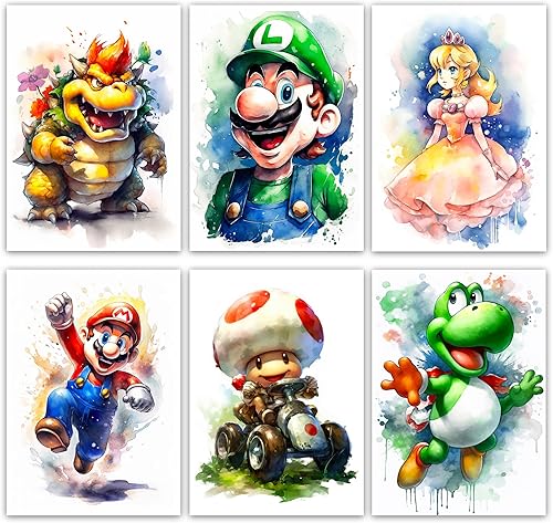 PYRZ Art & Design - Decoración de dormitorio de Super Mario, póster de Mario, decoración de pared, juego de 6 pósteres de 8 x 10 pulgadas, sin marco
