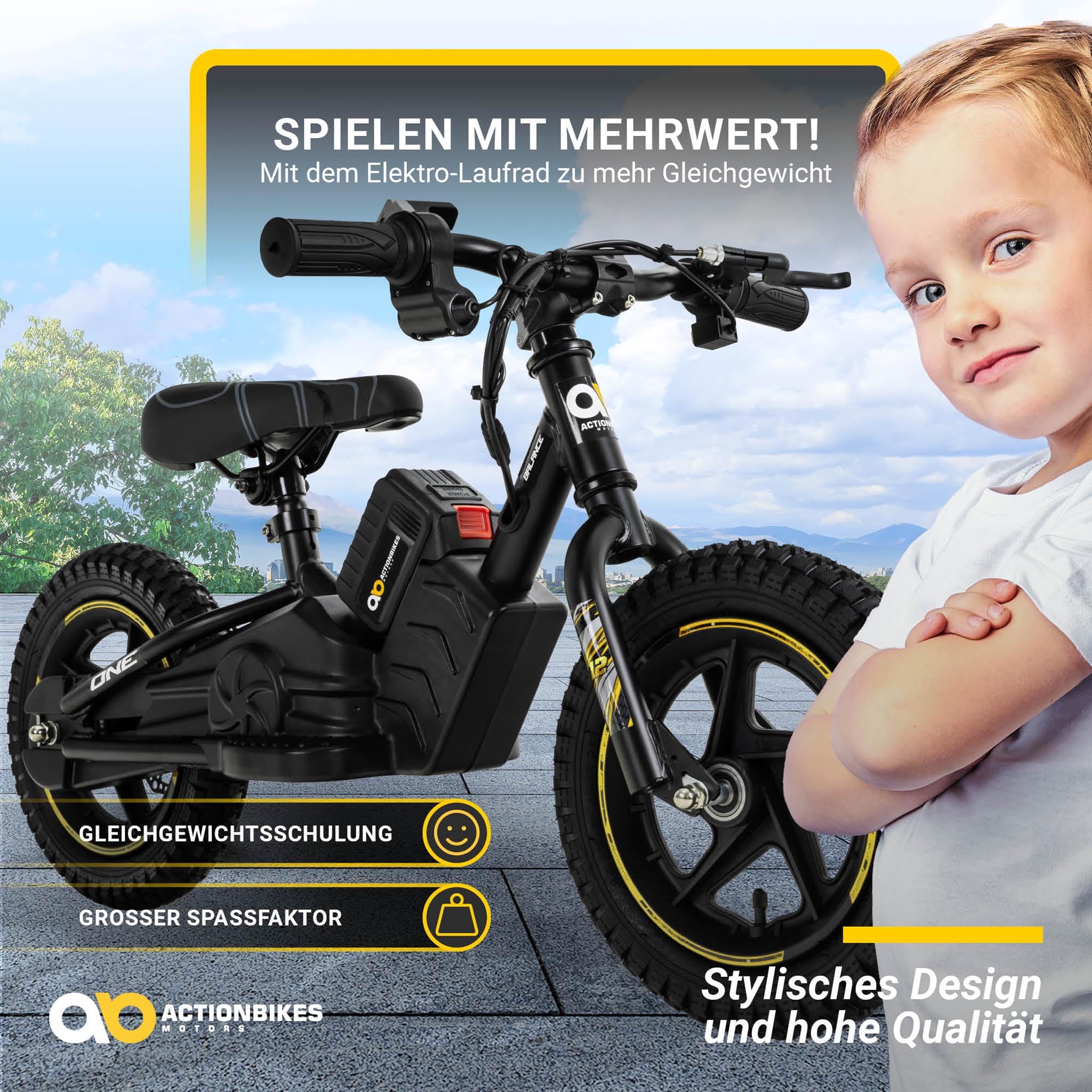 Actionbikes Motors Kinder Balance Bike Elektrofahrrad | 12 16 Zoll Fahrrad - 250 Watt - Elektro Laufrad mit Scheibenbremsen - Kinder Elektrofahrzeug - Spielzeug ab 3 Jahren