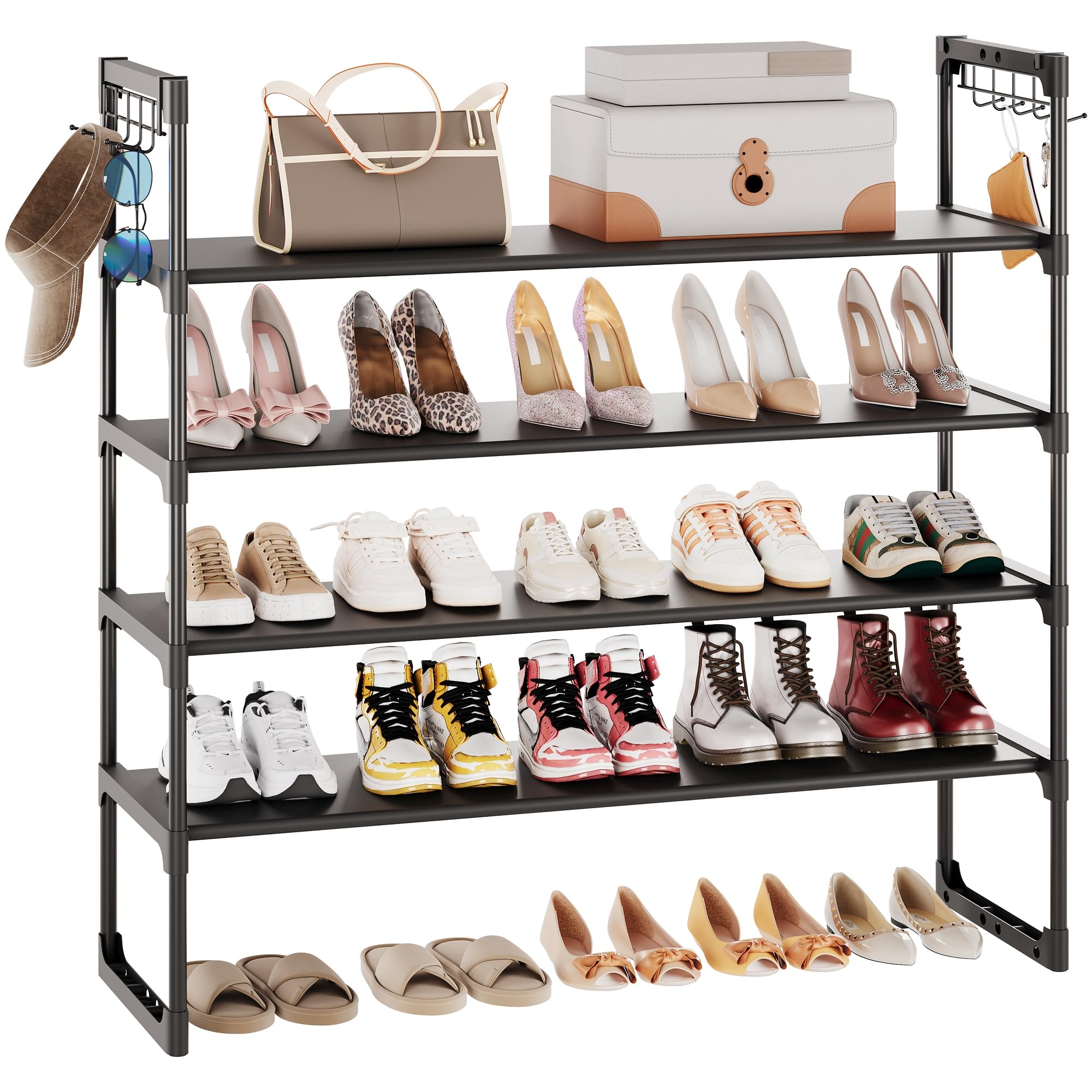 Shoe Rack for Closet, 4 Tier Metal Shoe Organizer Storage 20-25 Pairs, Modern Stackable Tall Shoe Shelf Stand with 10 Hooks, Large Shoes Racks for Entryway, Garage, Black, Housen Solutions