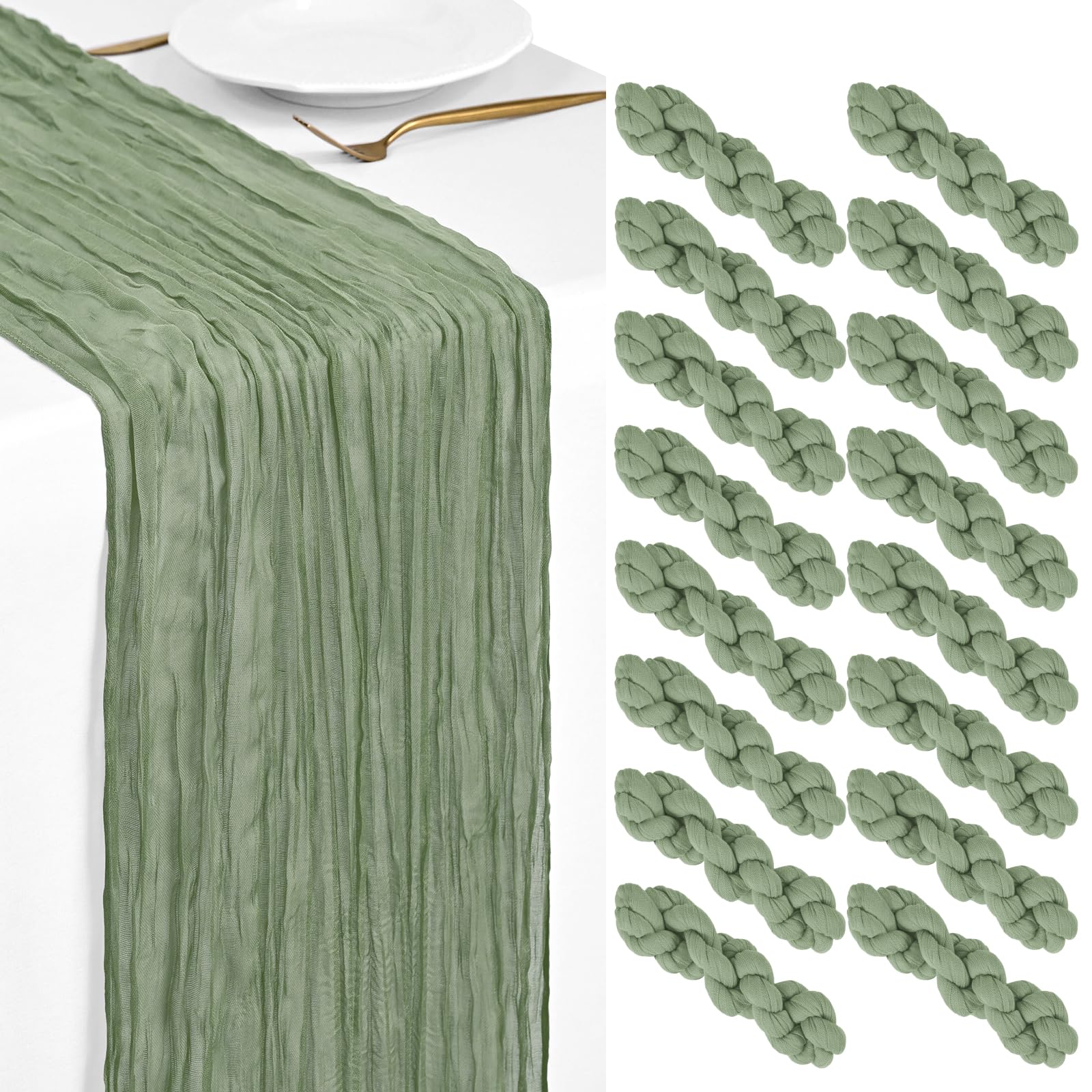 Showgeous 16 Pack Sage Green Cheesecloth Table Runner 45x275cm Boho Gauze Cheese Cloth Table Runners Romantic Rustic Sheer Table Decorations for Wedding Party Baby Shower Birthday Holiday Home