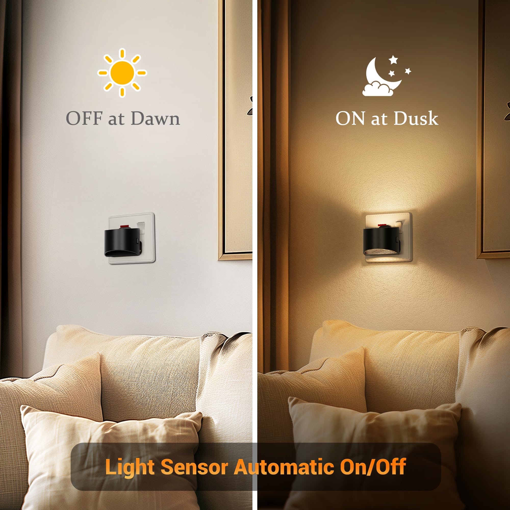 JandCase Night Light Plug in Wall 2 Pack with Dusk to Dawn Sensor, 3000K Warm White, 3 Adjustable Brightness Levels - Image 4