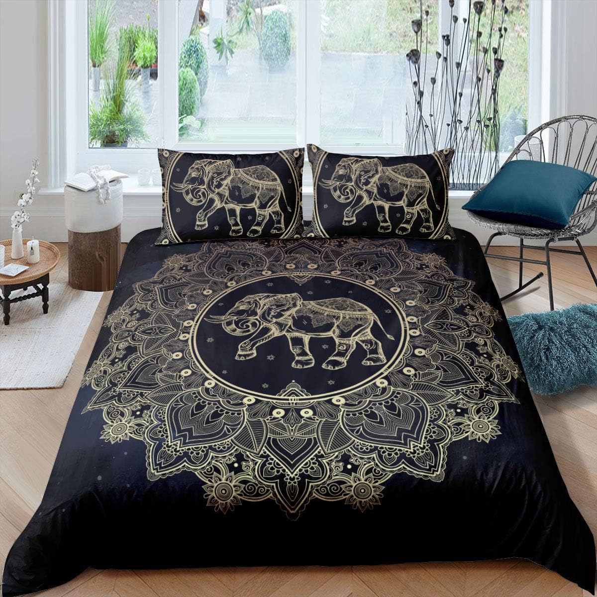 Feelyou Queen Duvet Cover Set Bohemian Cute Elephant Mandala Bedding Set Black Golden Boho Comforter Cover with Pillow Shams Kids Teens Adults Quilt Cover Set 3Pcs Floral Print