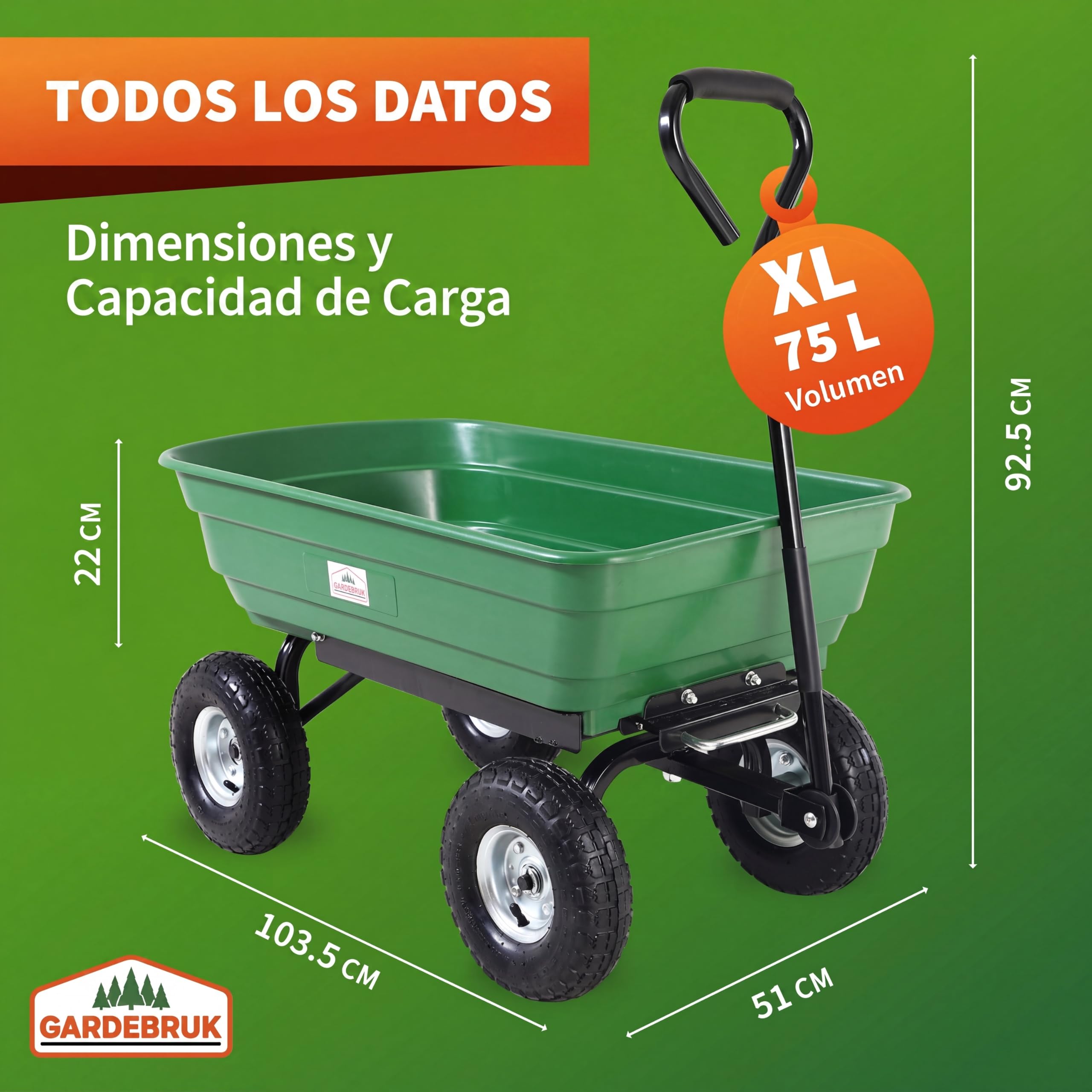 GARDEBRUK Carretilla de Jardín 75L | Basculante, Carga 300Kg, 4 Ruedas Neumáticas, Llantas Acero, Eje Dirección, Asa Acolchada, Marco Acero, Cubeta Plástico