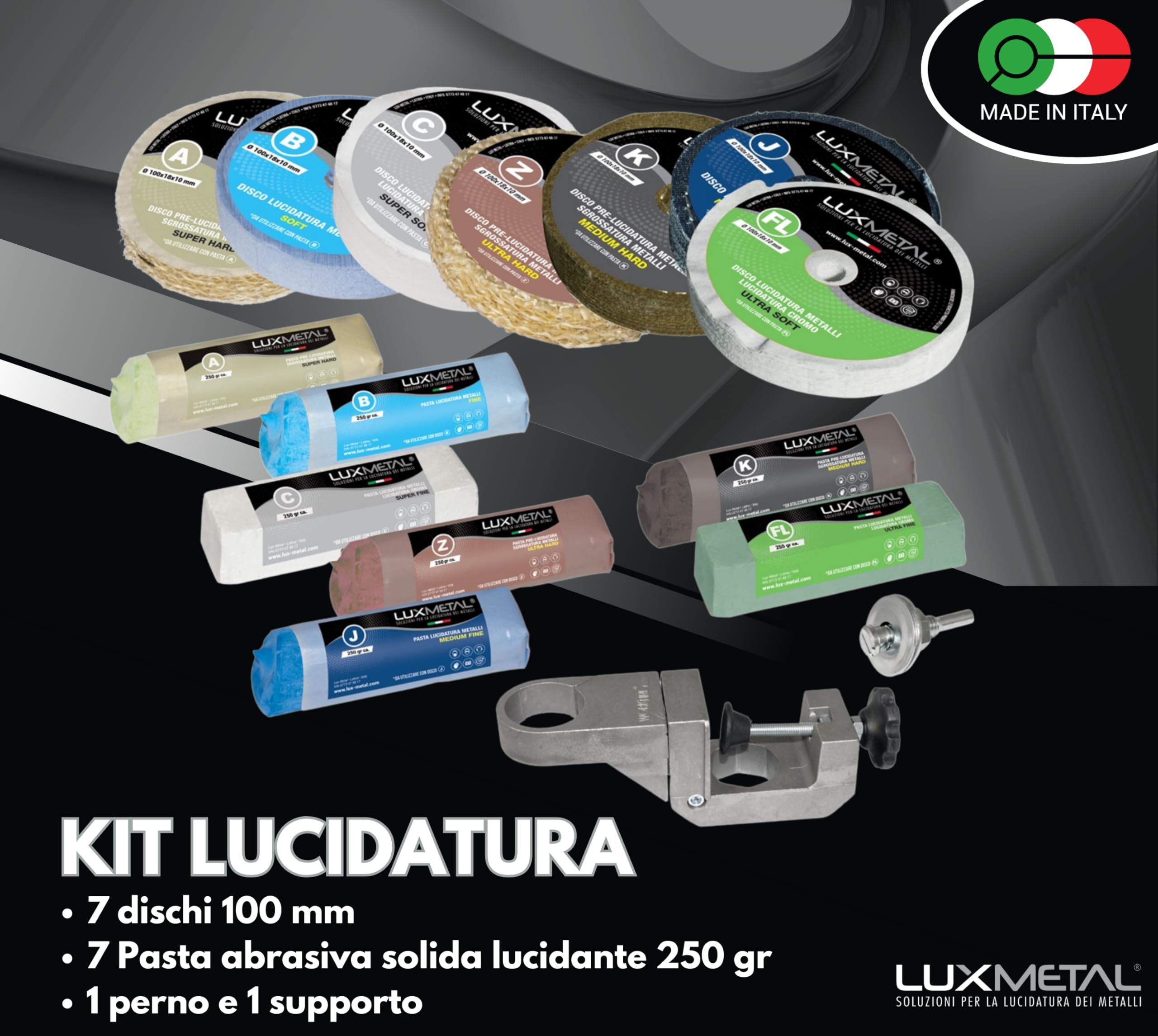 Lux Metal - Kit 7 Disco Lucidante 100 mm e 7 Pasta Abrasiva Lucidante 250 gr + Supporto Trapano - Per Alluminio, Ferro, Acciaio Inox, Bronzo, Marmo - Ruota Lucidatura Metalli Mola Smerigliatrice