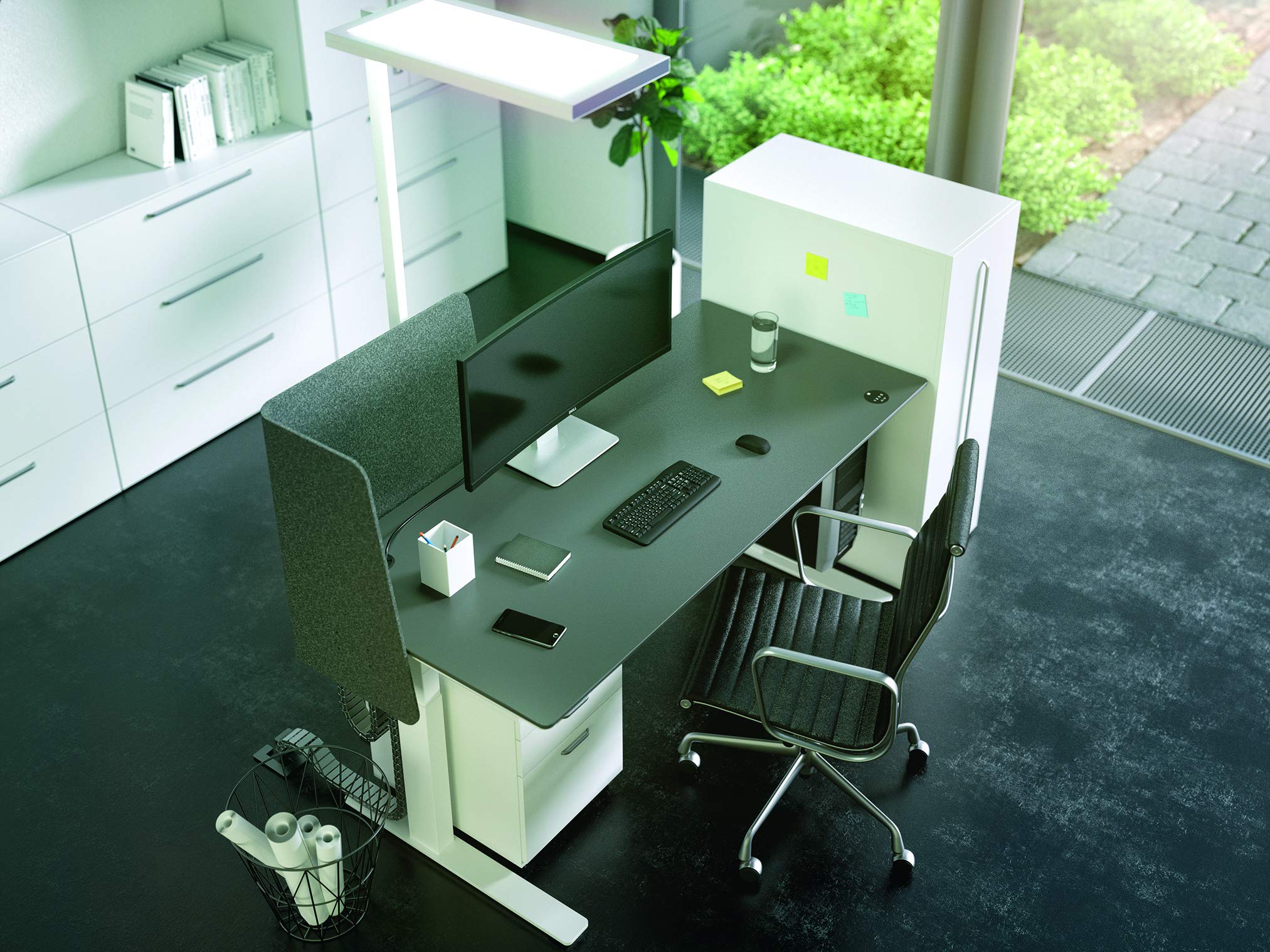 Metall Kabelkanal Schreibtisch Kabeldurchlass zur Aufnahme von Steckdosenleisten | Länge 1424 mm | Stahl weiß RAL 9016 | Made IN Germany | 1 Set - Kabel-Durchführung Management Untertisch-Montage